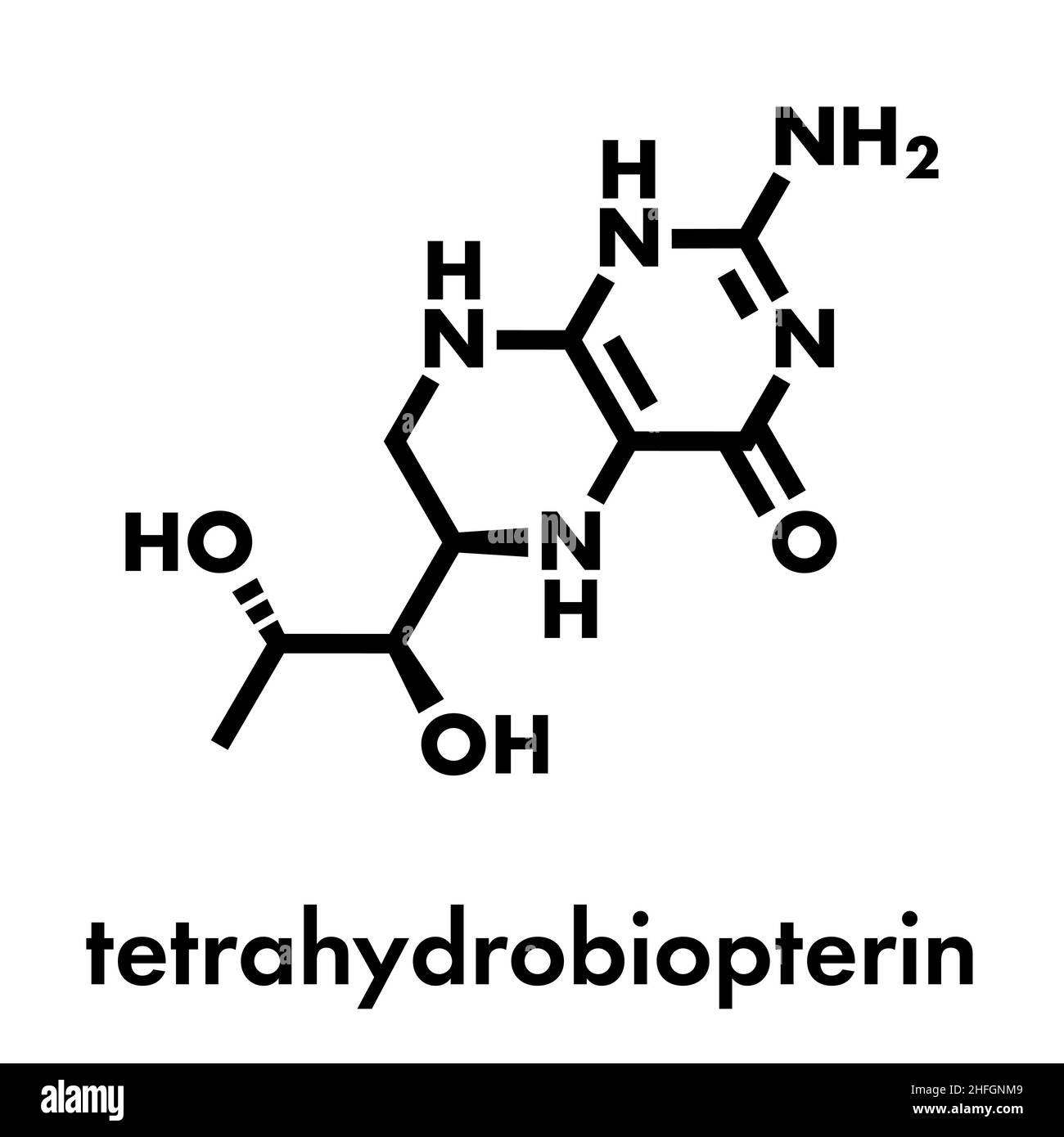Molecola di farmaco di tetraidrobiopterina (sapropterina) fenilchetonuria. Cofattore ad un certo numero di enzimi di idrossilasi di amminoacidi aromatici. Formula scheletrica. Illustrazione Vettoriale