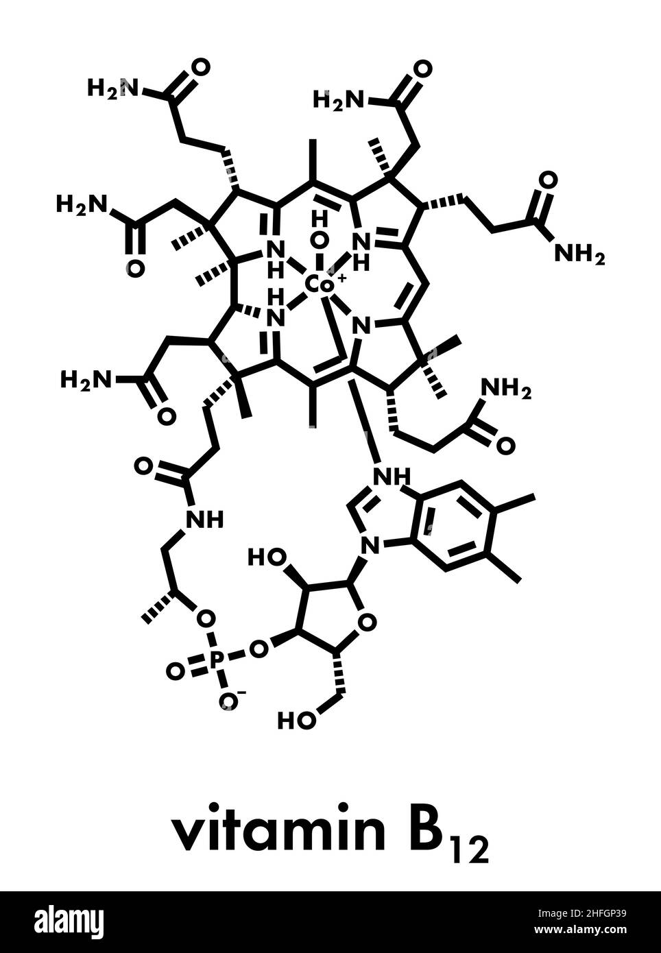Molecola di vitamina B12 idrossicobalamina. Spesso somministrato terapeuticamente in caso di deficit di B12. Formula scheletrica. Illustrazione Vettoriale