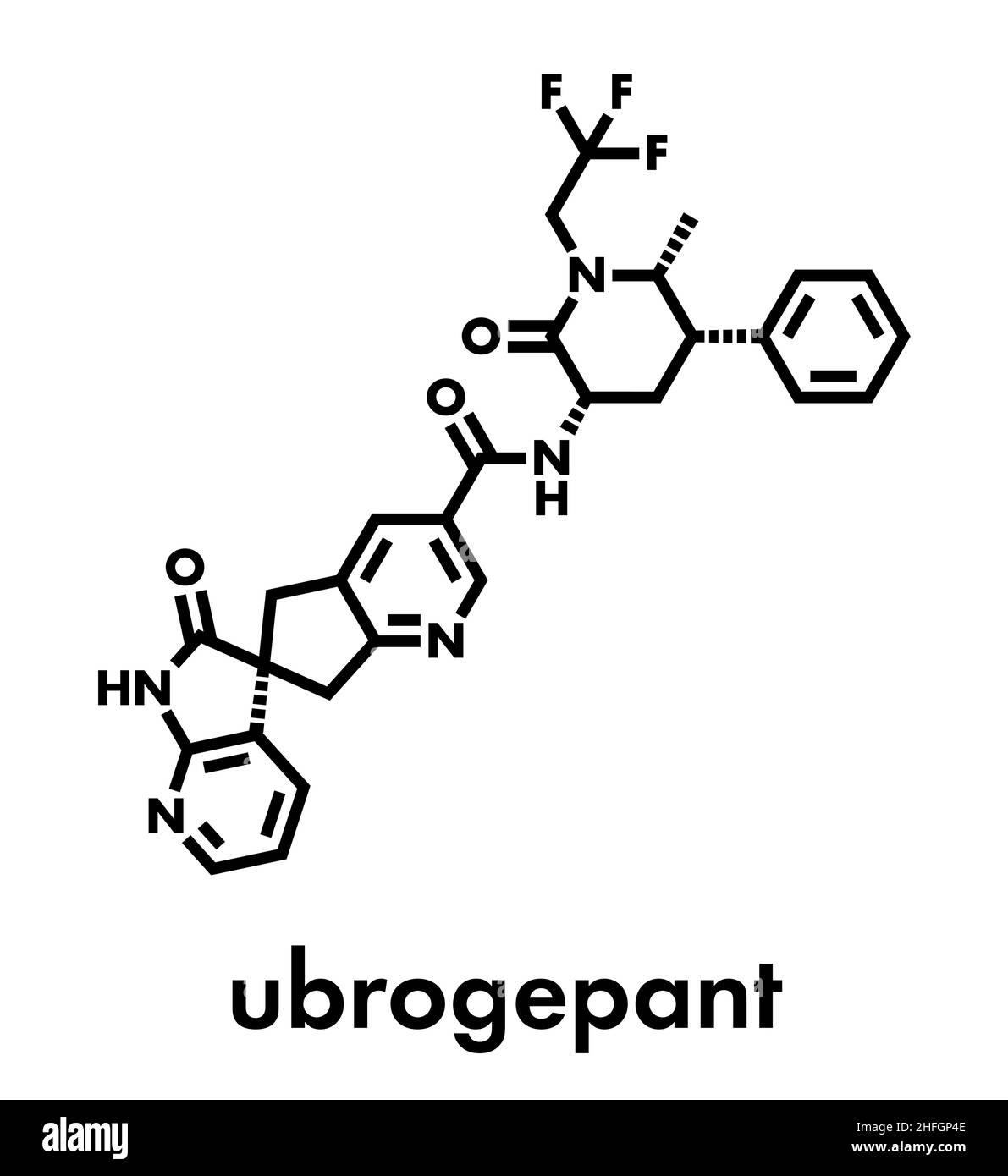 Ubrogepant emicrania molecola di farmaco (CGRP antagonista del recettore). Formula di scheletro. Illustrazione Vettoriale