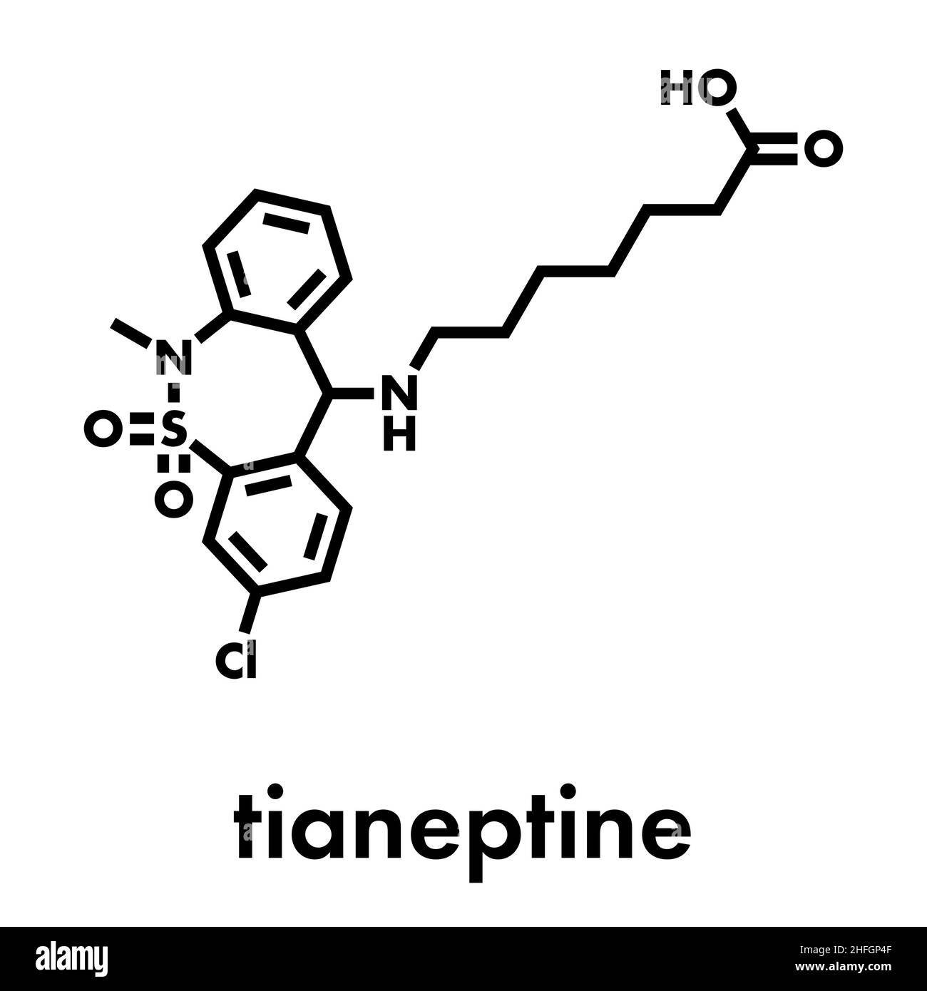 Tianeptine farmaco antidepressivo molecola. Formula di scheletro. Illustrazione Vettoriale