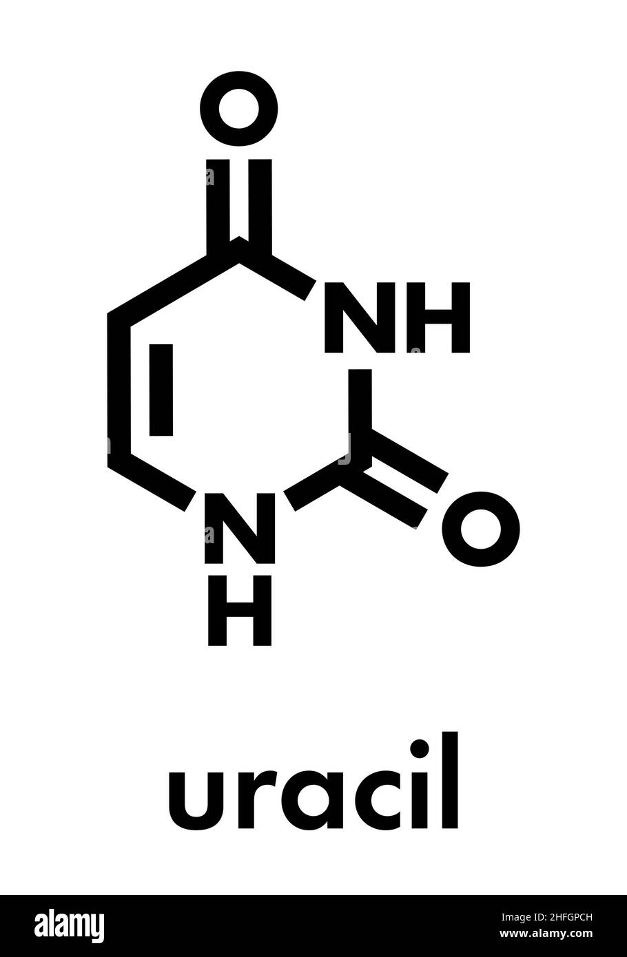 Molecola di uracil (U) nucleobasi. Presente in acido ribonucleico (RNA). Formula scheletrica. Illustrazione Vettoriale