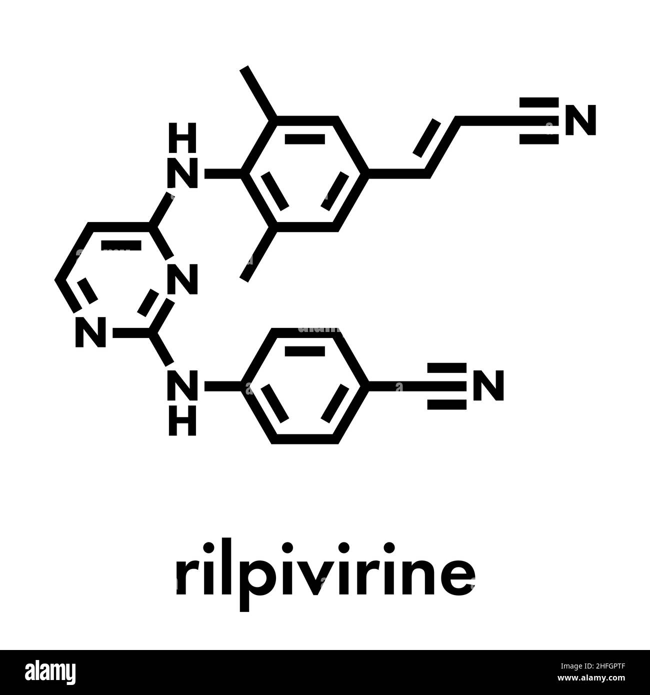 Rilpivirina molecola di farmaco HIV. Formula scheletrica. Illustrazione Vettoriale