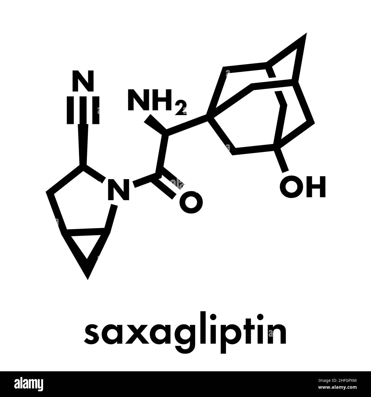 Molecola di farmaco per il diabete di Saxagliptin. Inibitore della dipeptidil peptidasi-4 (DPP4). Formula scheletrica. Illustrazione Vettoriale