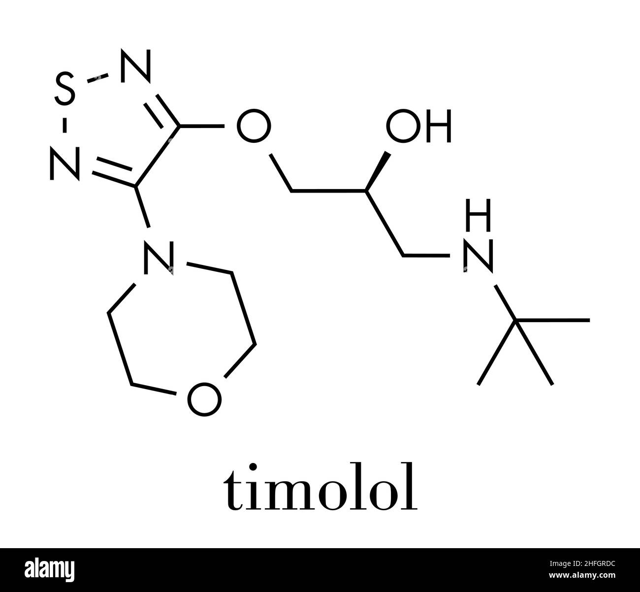 Molecola di farmaco antagonista del recettore beta-adrenergico timololo. Usato nel trattamento del glaucoma, emicrania, ipertensione, ecc. formula scheletrica. Illustrazione Vettoriale