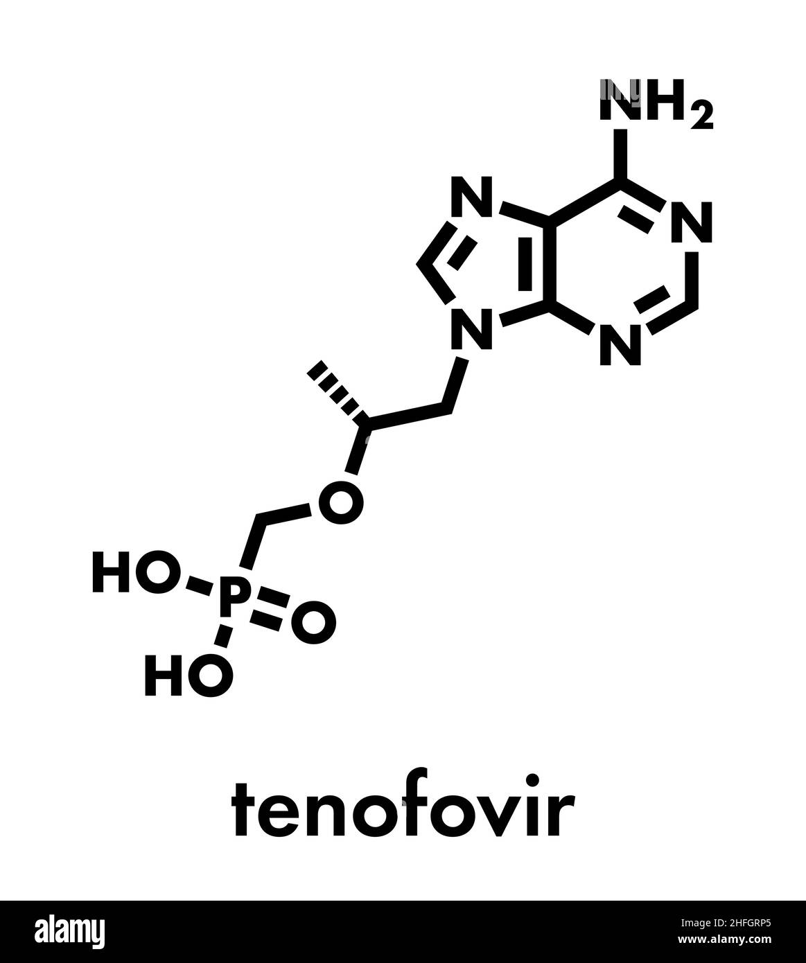 Il tenofovir HIV molecola di farmaco. Formula di scheletro. Illustrazione Vettoriale