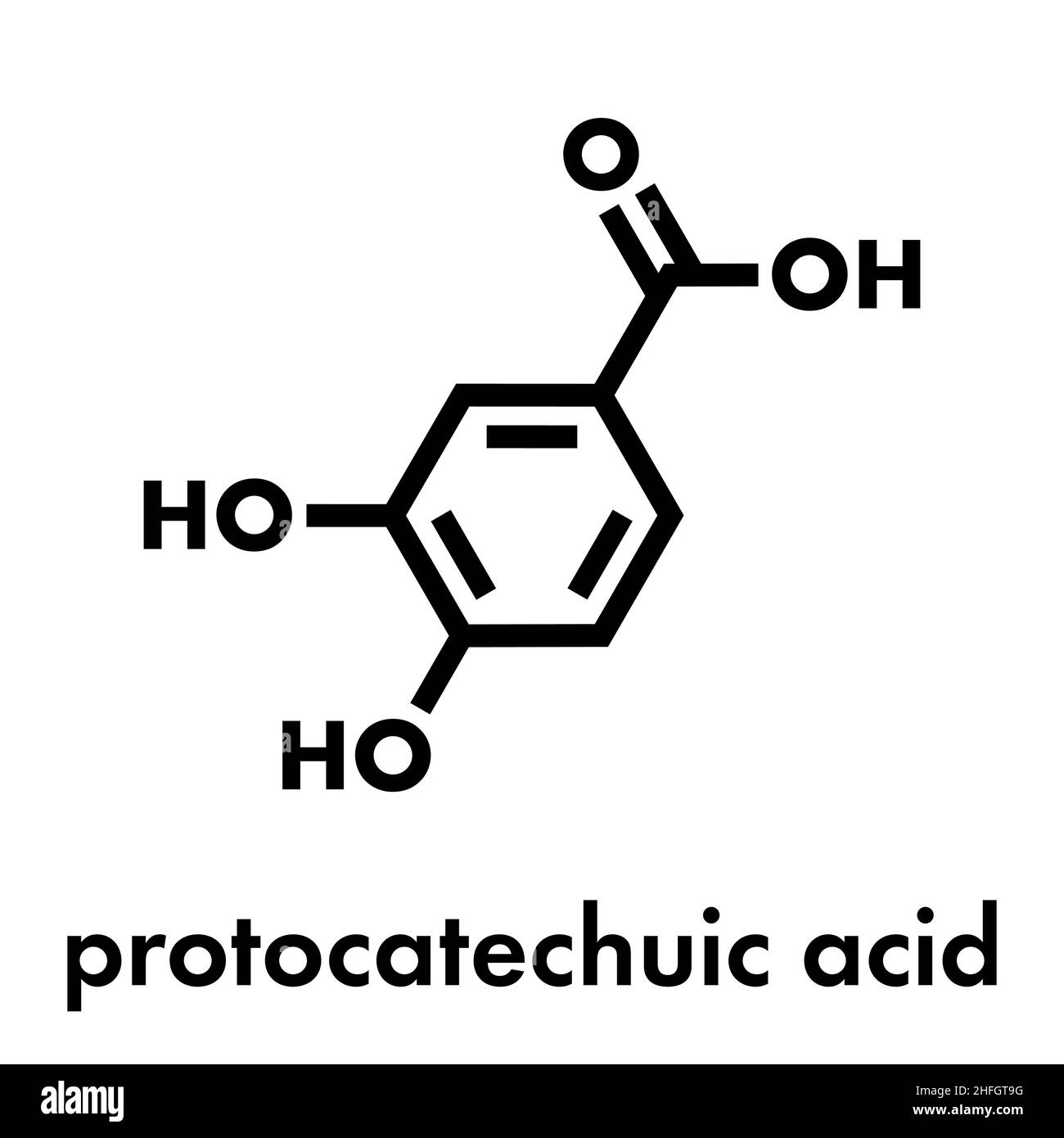 Acido protocatecoico (PCA) tè verde molecola antiossidante. Formula di scheletro. Illustrazione Vettoriale