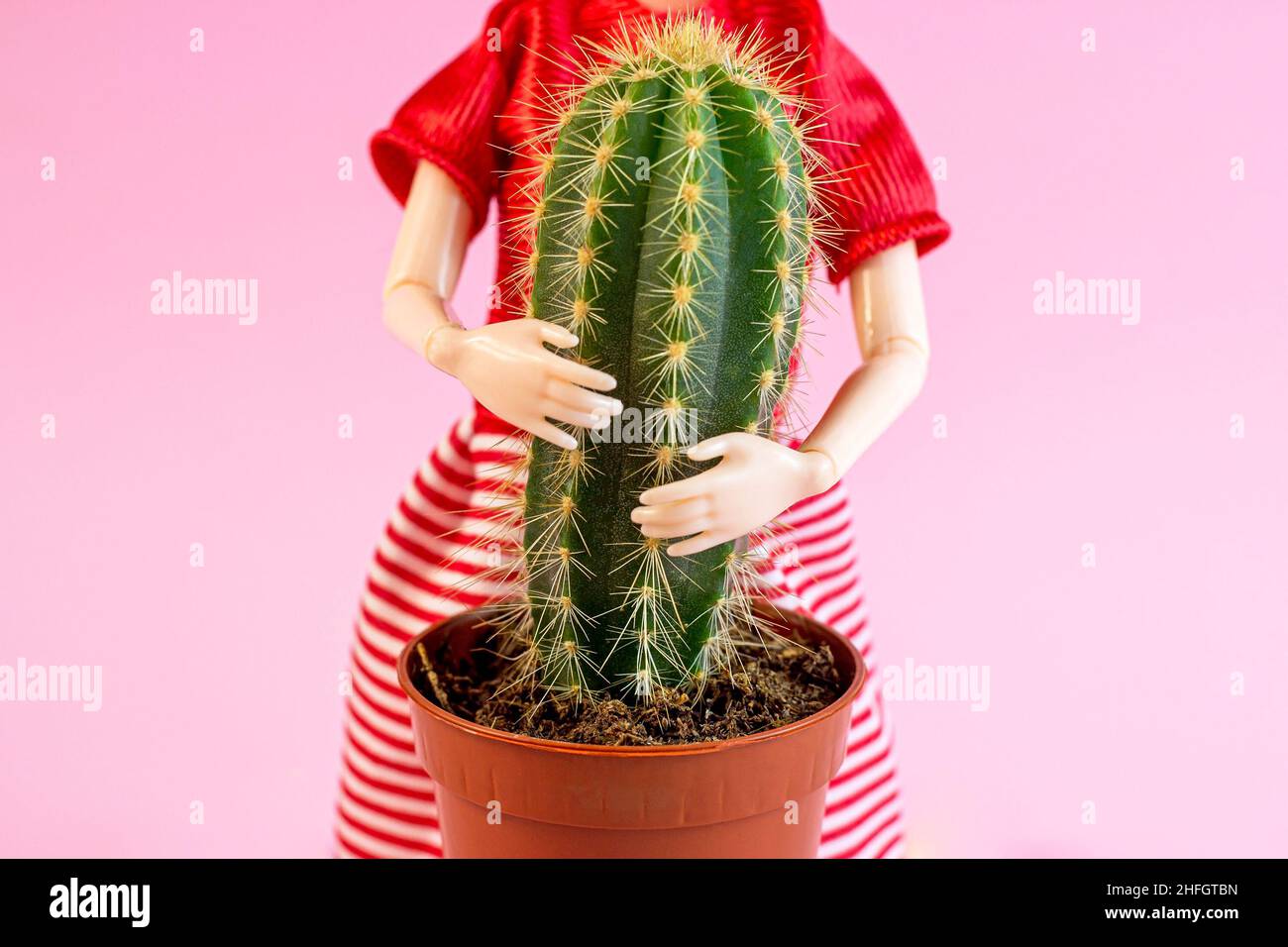 Bambola donna abbraccia una pianta di cactus su sfondo rosa chiaro. Relazione dannosa, dolorosa e tossica, problemi dei partner, concetto di abuso emotivo. Foto Stock