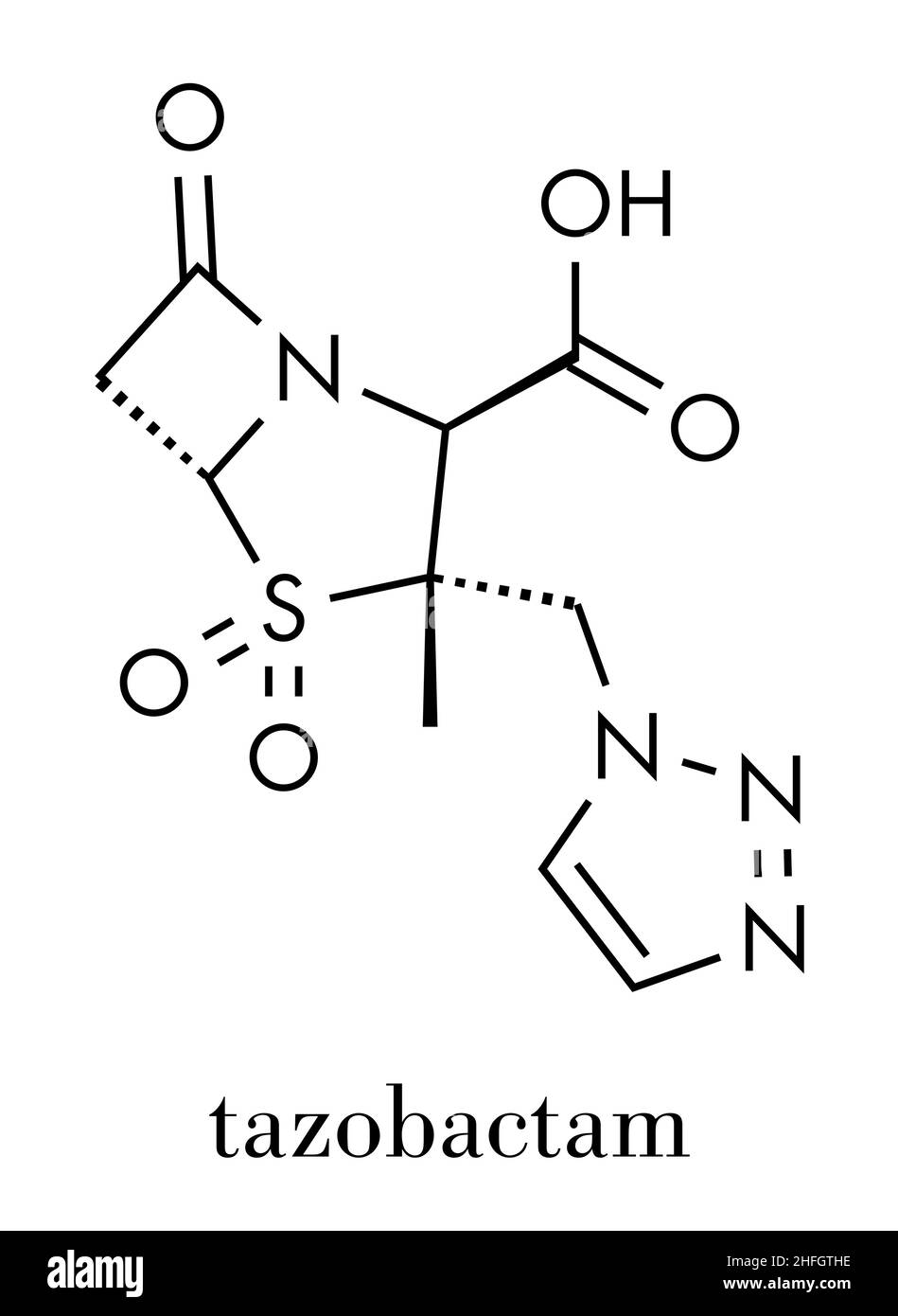 Tazobactam molecola di farmaco. Inibitore di natura batterica beta-lattamasi enzimi. Formula di scheletro. Illustrazione Vettoriale