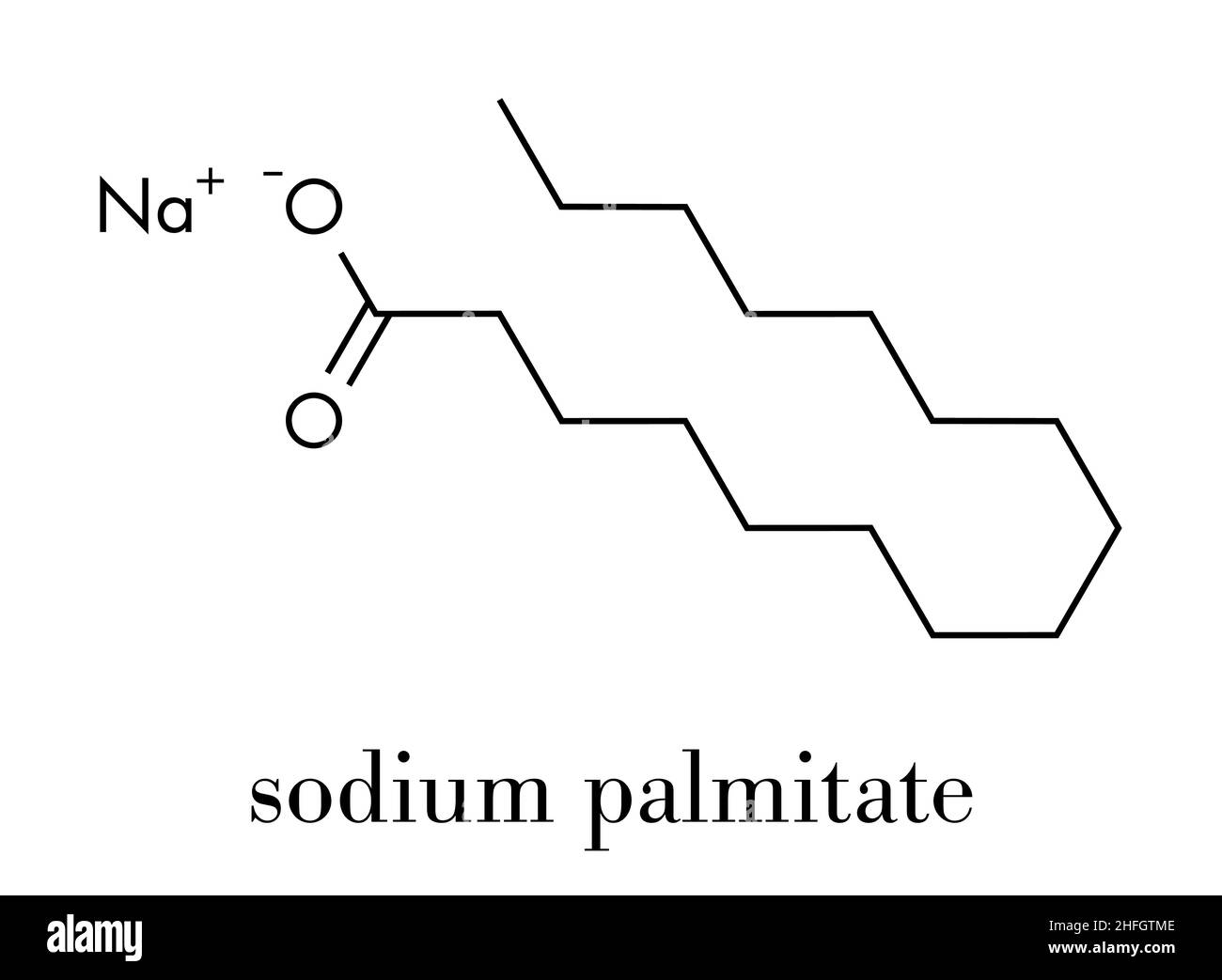 Molecola di sapone di sodio palmitato. Preparato da olio di palma per saponificazione. Formula scheletrica. Illustrazione Vettoriale
