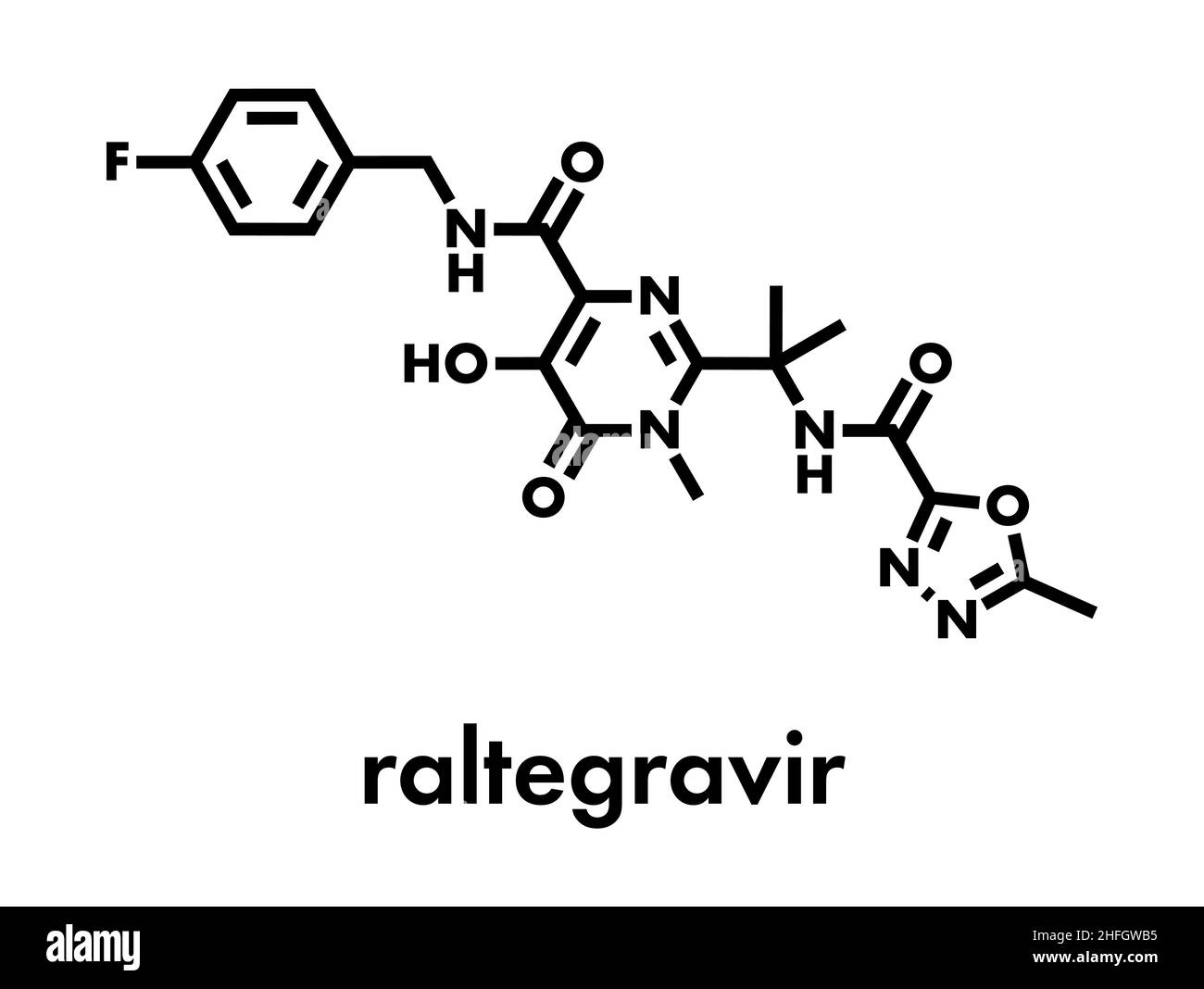 Raltegravir farmaco HIV integrasi (classe di inibitore della molecola). Formula di scheletro. Illustrazione Vettoriale