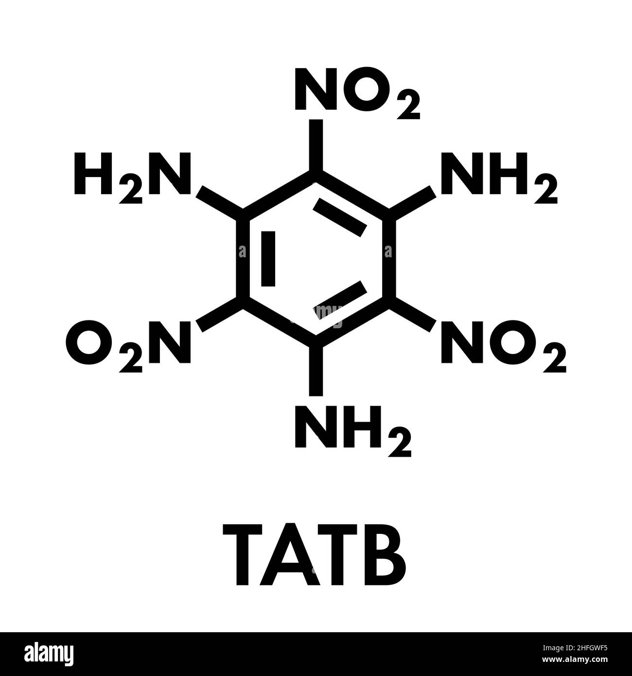 Triaminotrinitrobenzene (TATB) esplosivi molecola. Formula di scheletro. Illustrazione Vettoriale