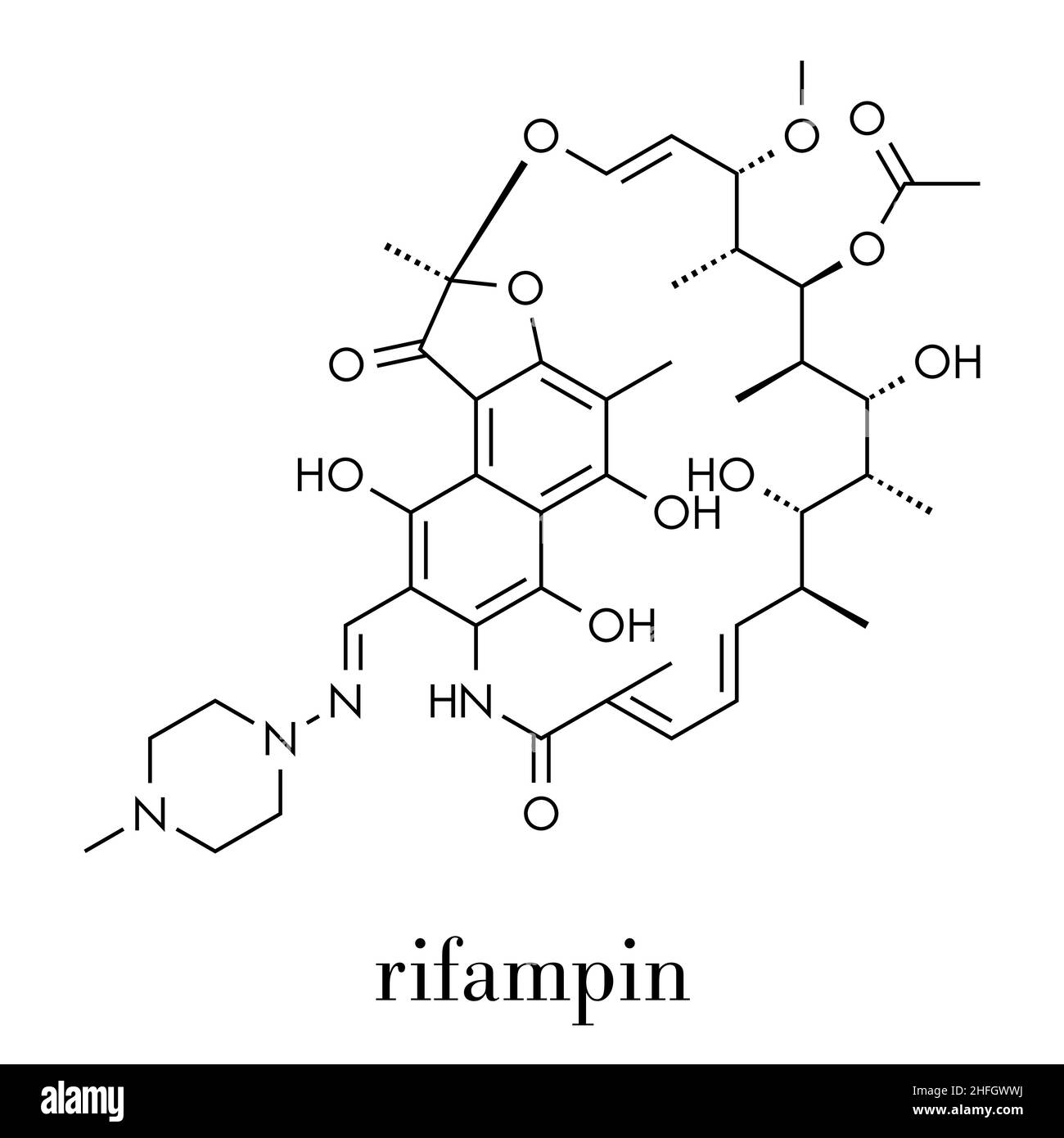 La rifampicina (rifampin, rifamicina classe) tubercolosi molecola antibiotico. Formula di scheletro. Illustrazione Vettoriale