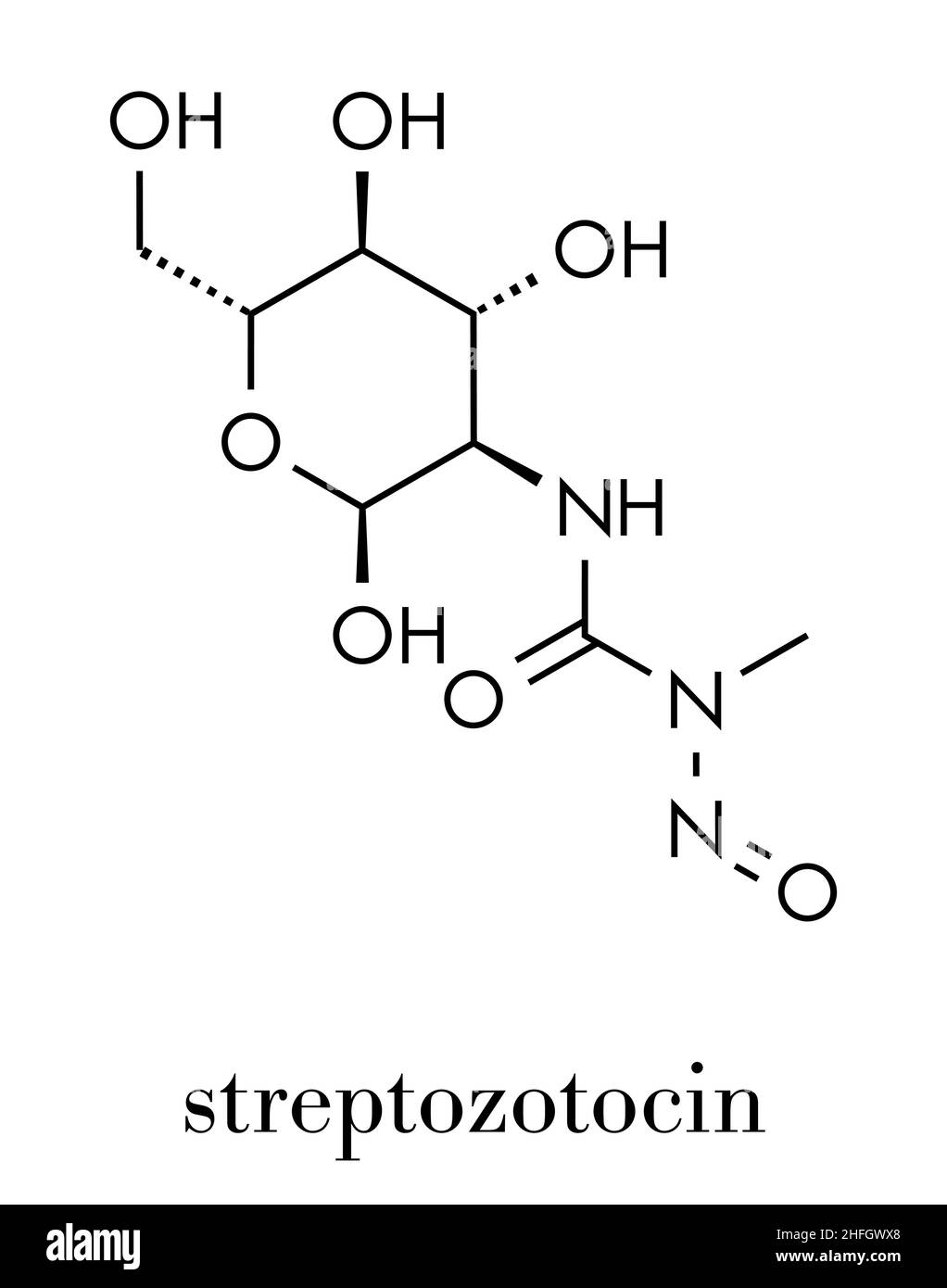 Streptozotocina molecola farmaco cancro. Usato nel trattamento del cancro metastatico delle cellule dell'isolotto pancreatico. Formula scheletrica. Illustrazione Vettoriale