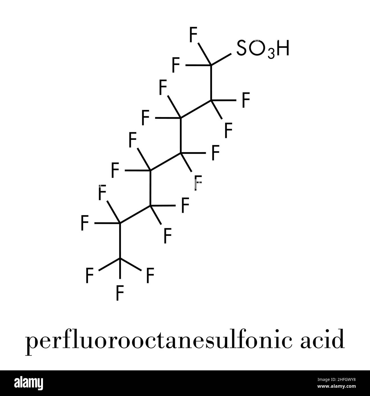 Perfluorooctanesulfonic (acido perfluoroottano solfonato, PFOS) inquinante organico persistente di molecola. Formula di scheletro. Illustrazione Vettoriale