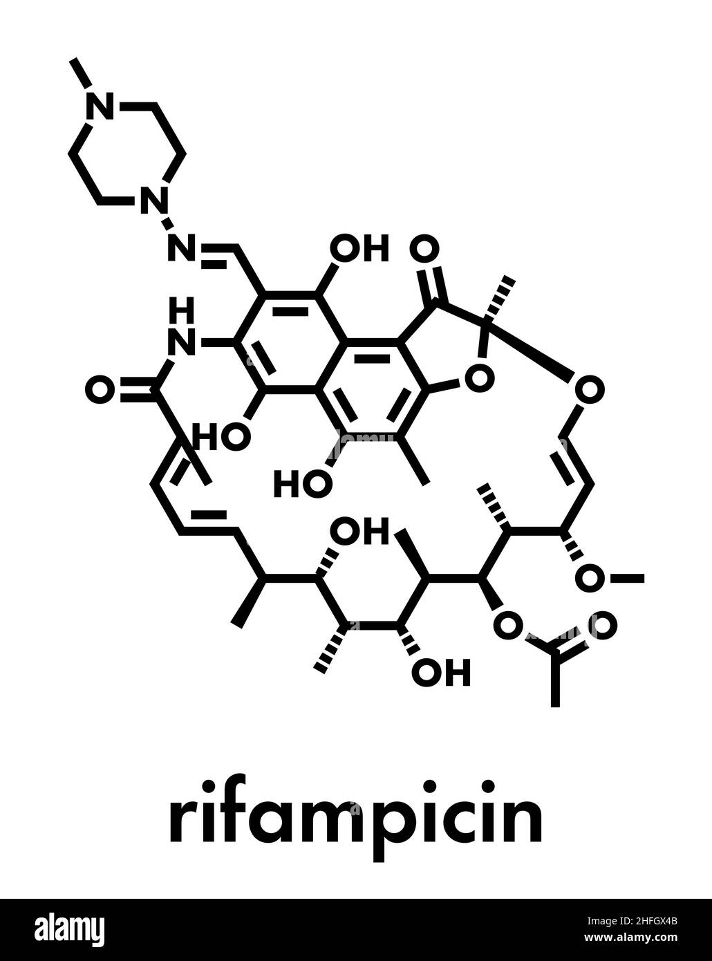 La rifampicina (rifampin, rifamicina classe) tubercolosi molecola antibiotico. Formula di scheletro. Illustrazione Vettoriale