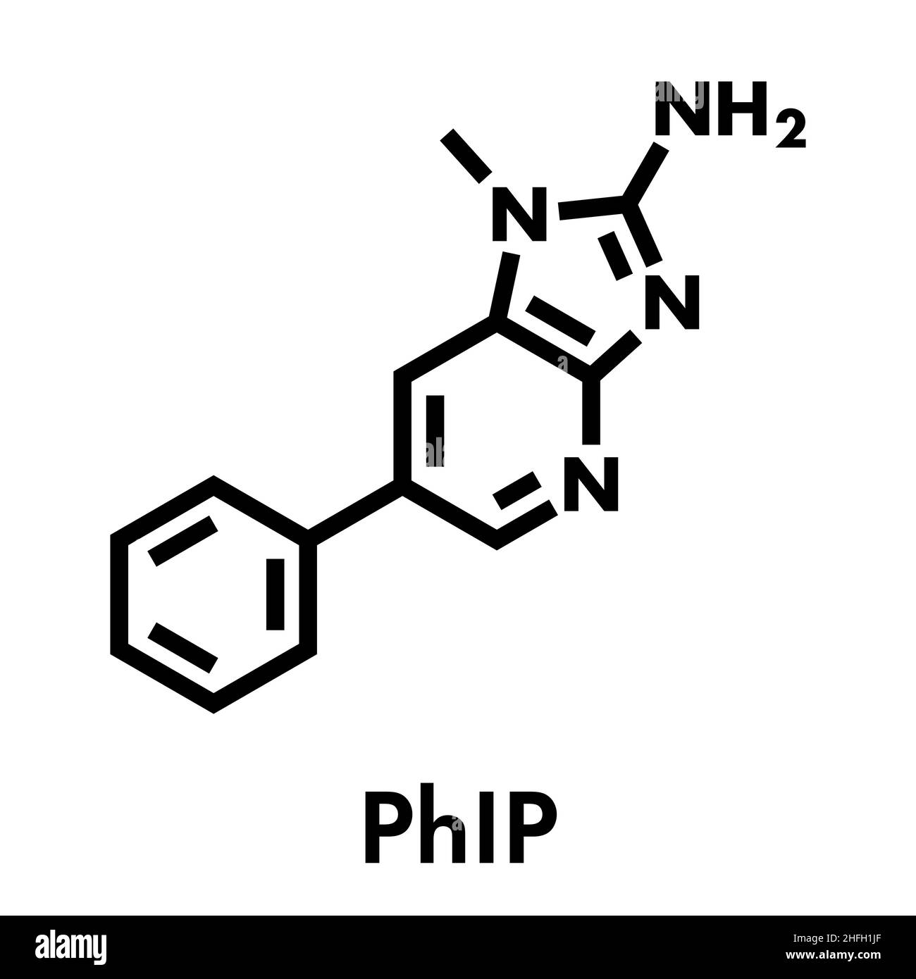 PhIP o 2-ammino-1-metil-6-phenylimidazo(4,5-b)piridina molecola. Di ammina eterociclici presenti nella carne cotta. Formula di scheletro. Illustrazione Vettoriale