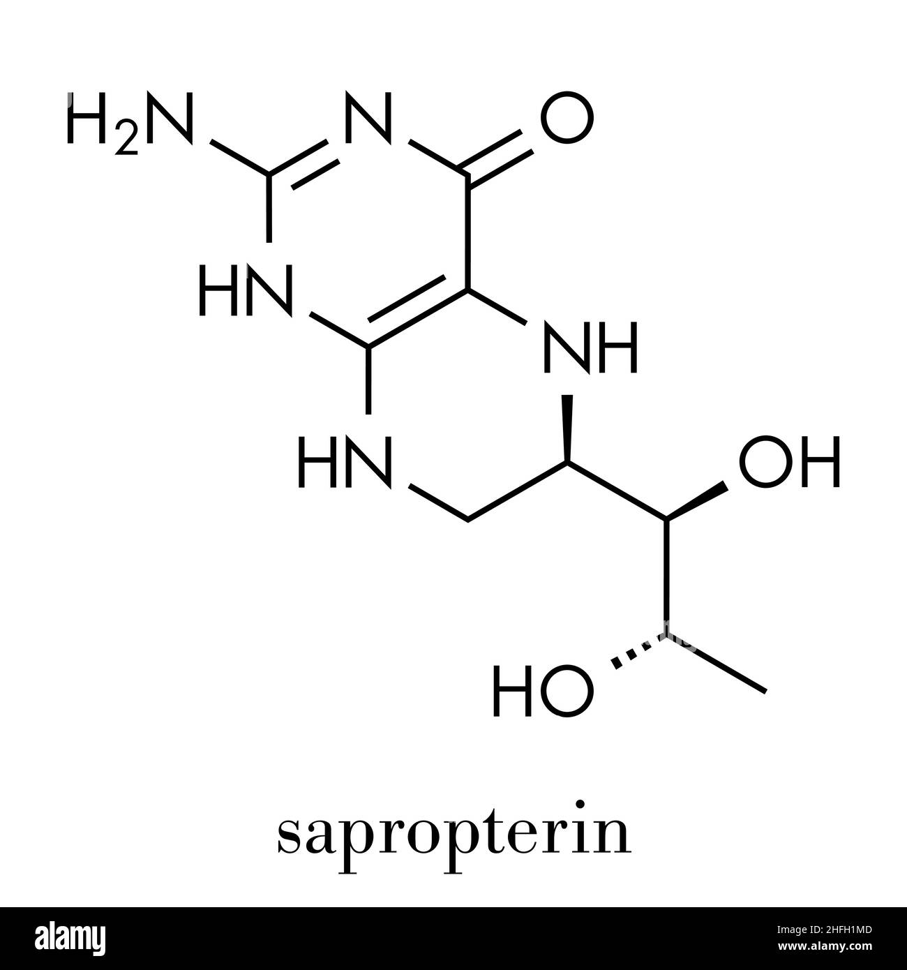 Molecola di farmaco di tetraidrobiopterina (sapropterina) fenilchetonuria. Cofattore ad un certo numero di enzimi di idrossilasi di amminoacidi aromatici. Formula scheletrica. Illustrazione Vettoriale