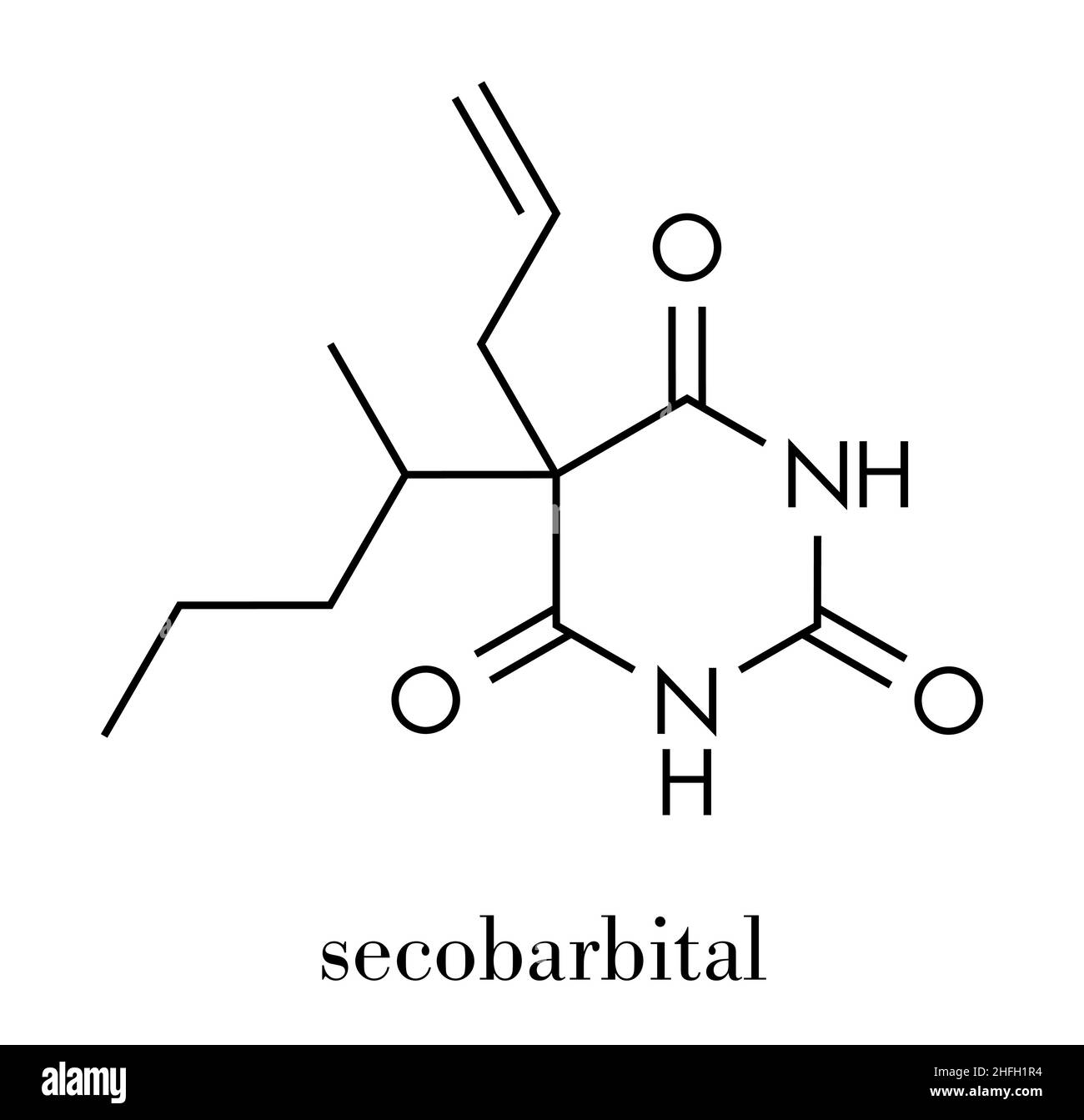 Barbiturato secobarbitale sedativo, struttura chimica. Formula scheletrica. Illustrazione Vettoriale