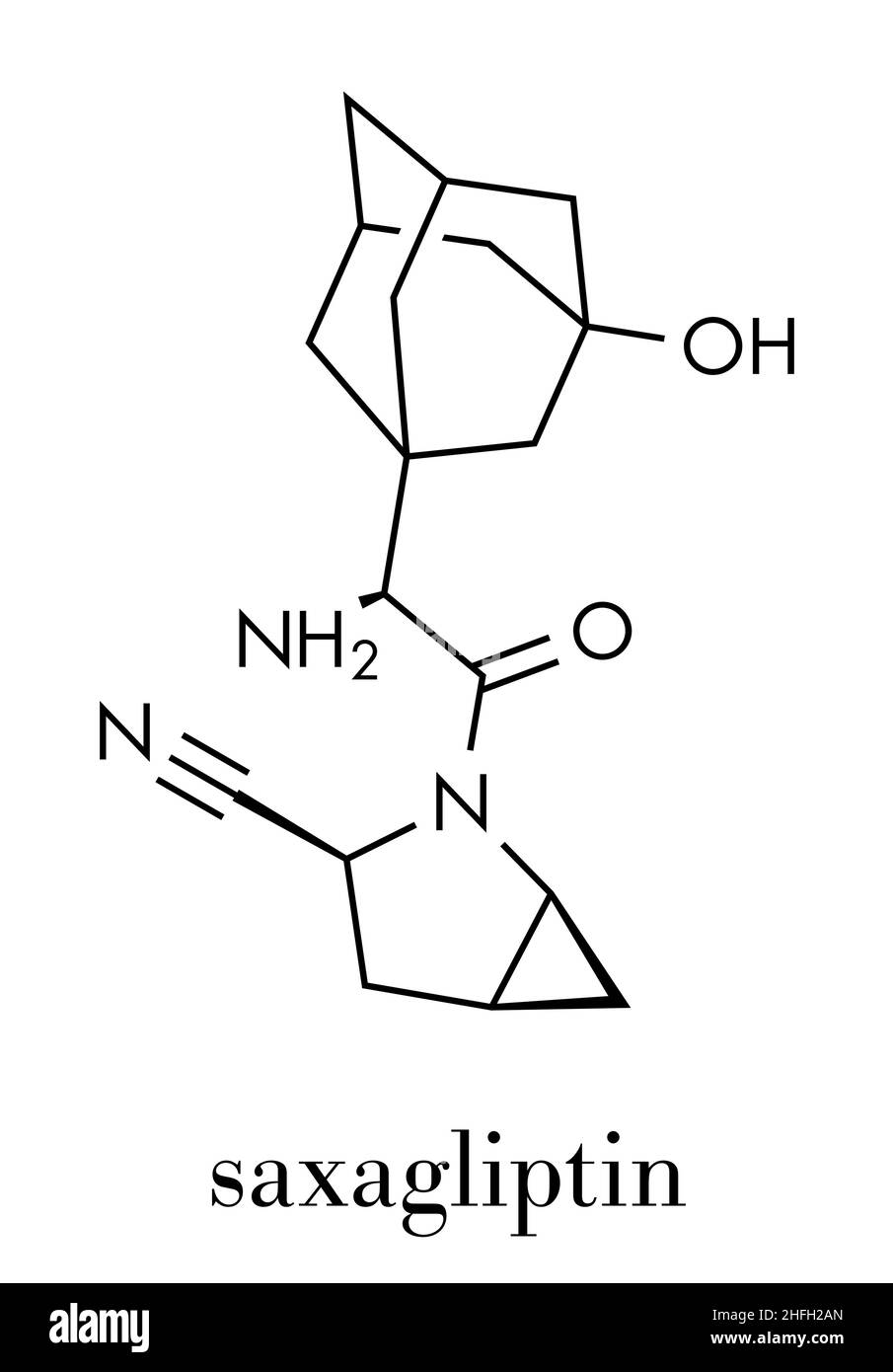 Molecola di farmaco per il diabete di Saxagliptin. Inibitore della dipeptidil peptidasi-4 (DPP4). Formula scheletrica. Illustrazione Vettoriale