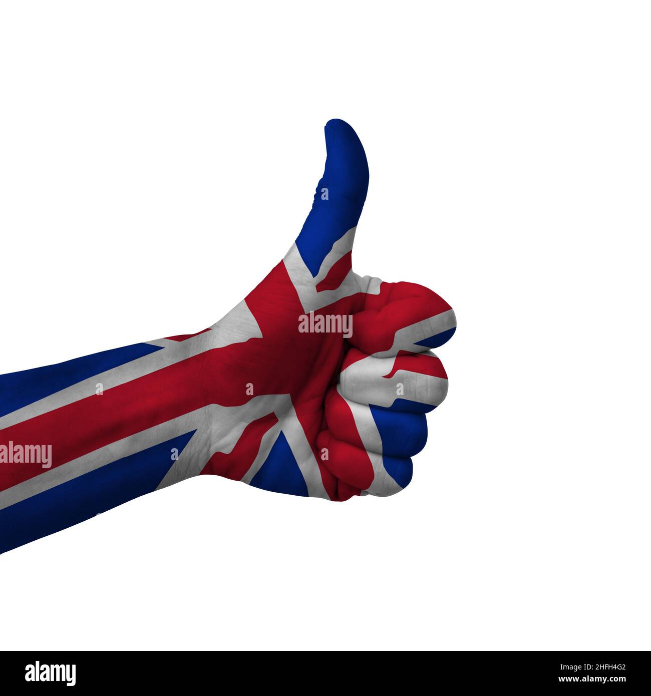 Mano facendo i pollici su segno, regno unito dipinto con bandiera come simbolo di pollici su, come, okay, positivo - isolato su sfondo bianco Foto Stock