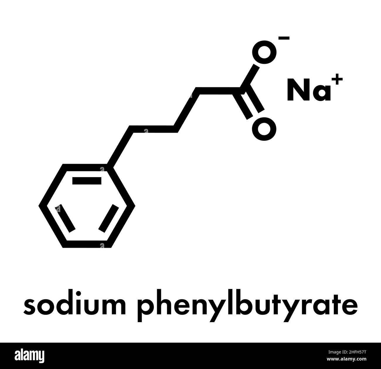 Sodio fenilbutirrato urea ciclo disturbi molecola farmaco. Agisce anche come inibitore dell'istone acetilasi (HDAC) e come chaperone chimico. Formula scheletrica. Illustrazione Vettoriale