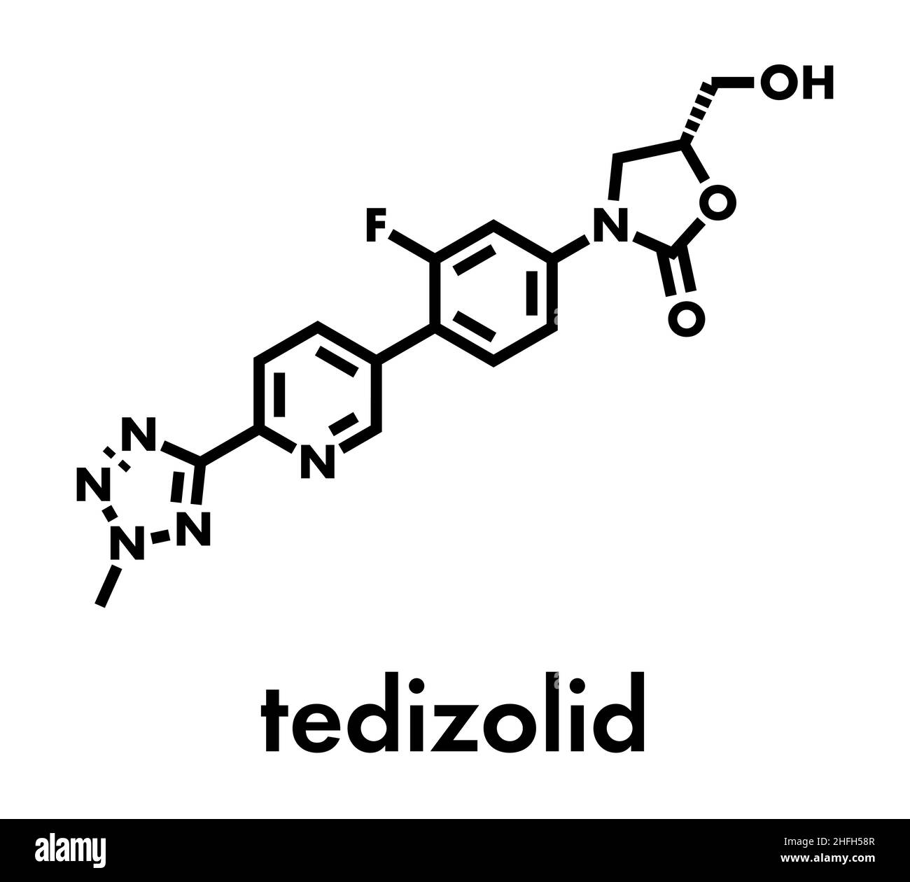 Tedizolid antibatterico molecola di farmaco. Formula di scheletro. Illustrazione Vettoriale