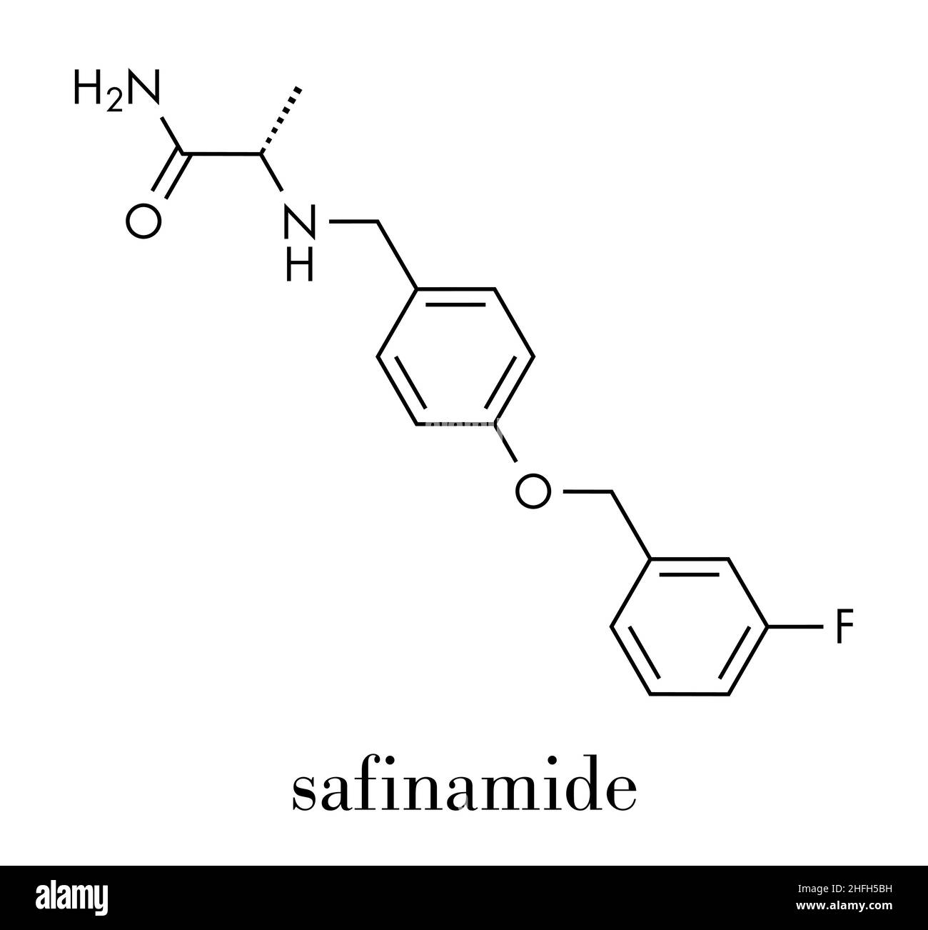 Molecola di farmaco del morbo di Parkinson di Safinamide. Formula scheletrica. Illustrazione Vettoriale