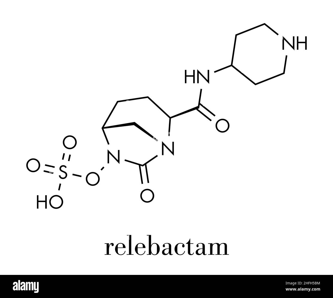 Relebactam molecola di farmaco. Beta-lattamasi inibitore che è amministrato con antibiotici beta-lattamici. Formula di scheletro. Illustrazione Vettoriale