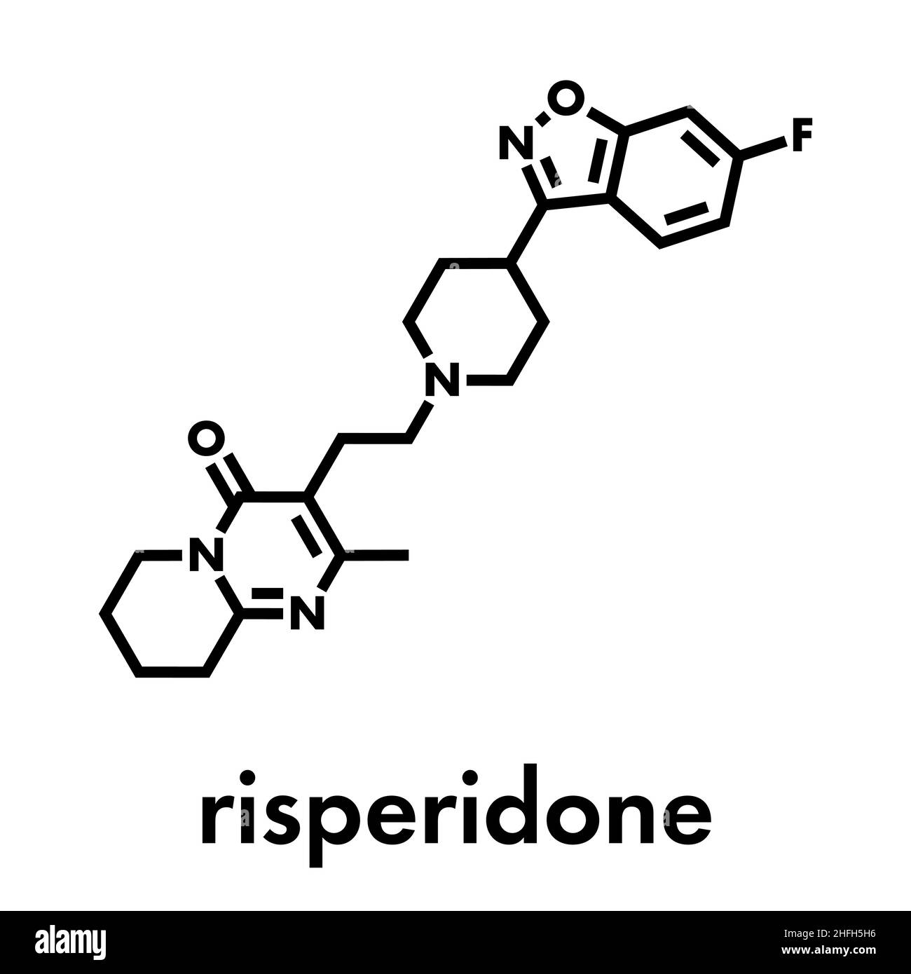 Il Risperidone farmaco antipsicotico molecola. Usato nel trattamento della schizofrenia e del disturbo bipolare e di condizioni correlate. Formula di scheletro. Illustrazione Vettoriale