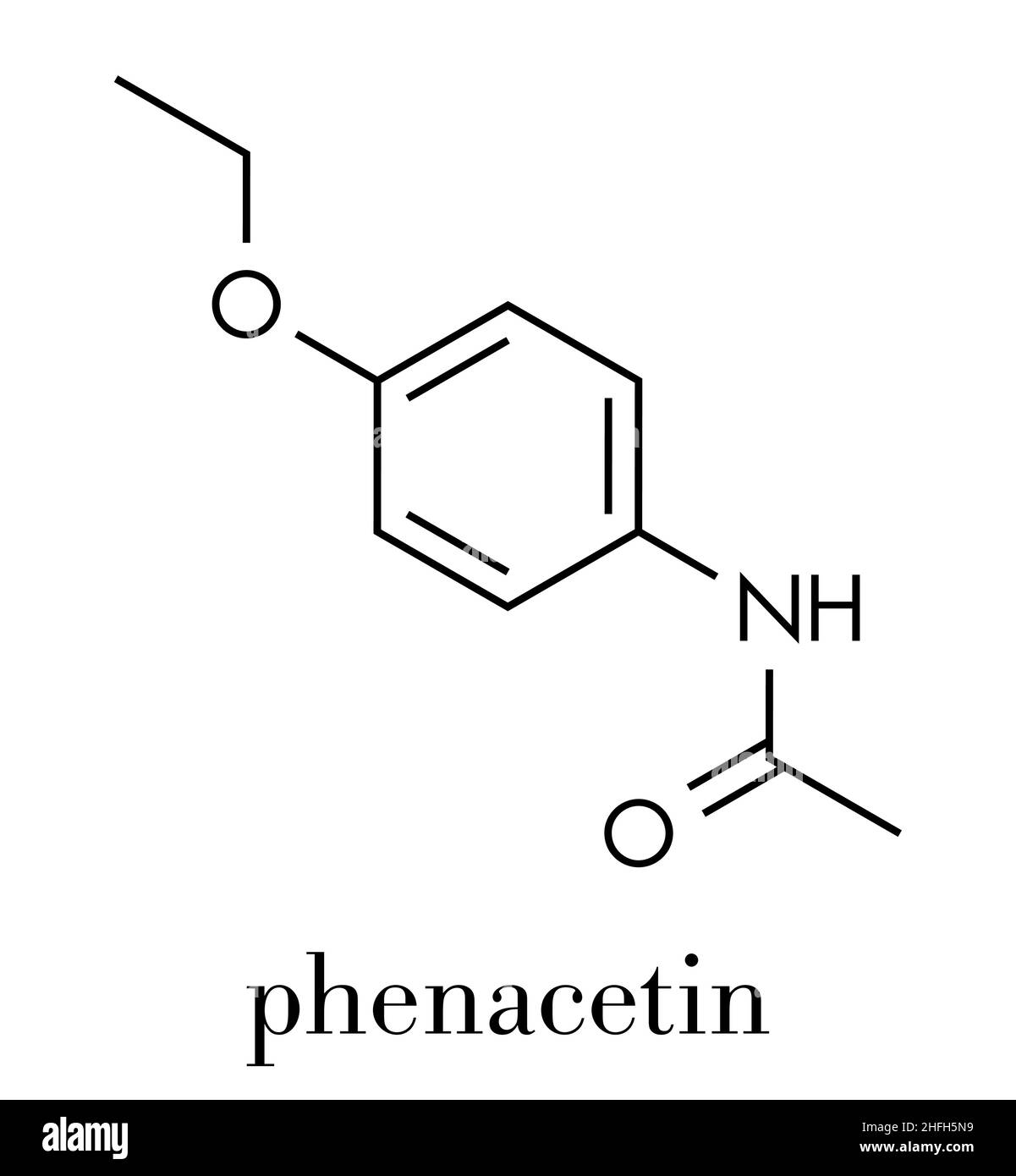 La fenacetina vietato antidolorifico farmaco. Trovato per provocare il cancro e danni renali. Formula di scheletro. Illustrazione Vettoriale