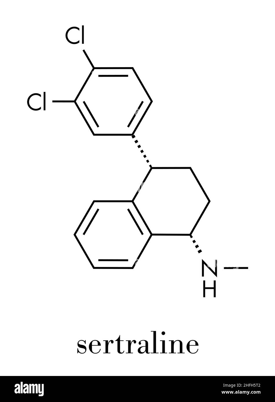 Molecola di farmaco antidepressivo sertralina. Formula scheletrica. Illustrazione Vettoriale