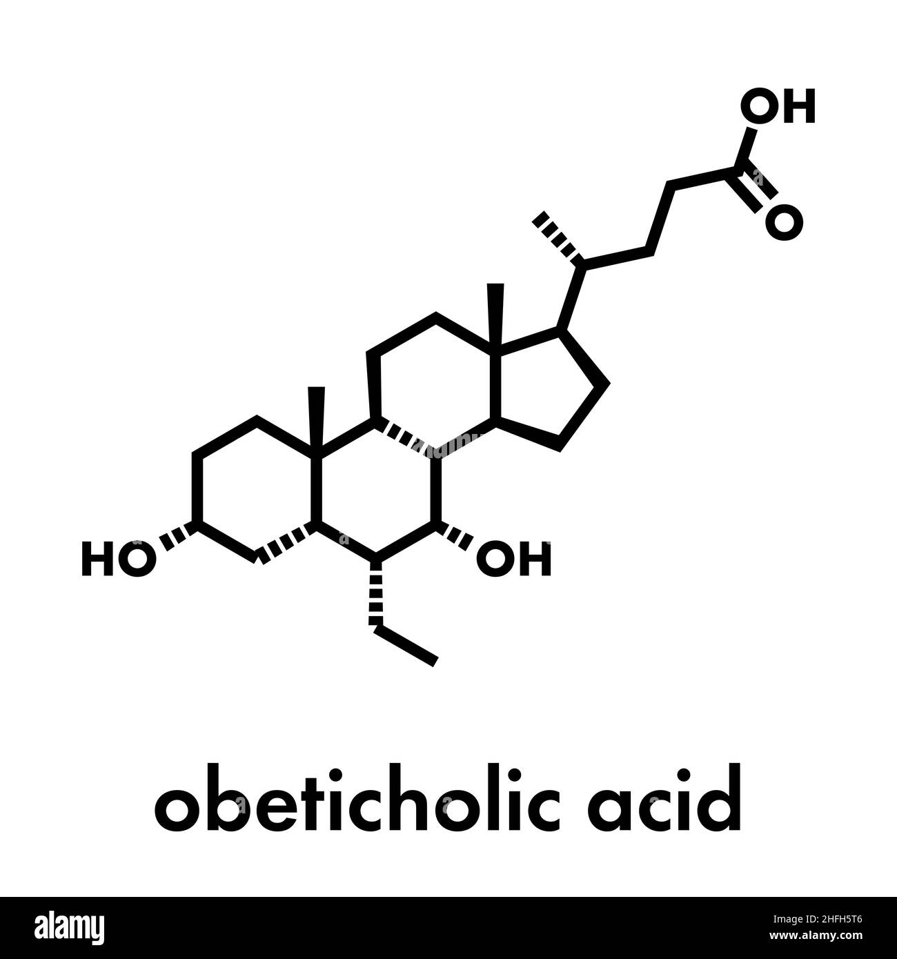 Molecola di farmaco per malattia epatica da acido obeticolico. Agonista del recettore di farnesoide x (FXR). Formula scheletrica. Illustrazione Vettoriale