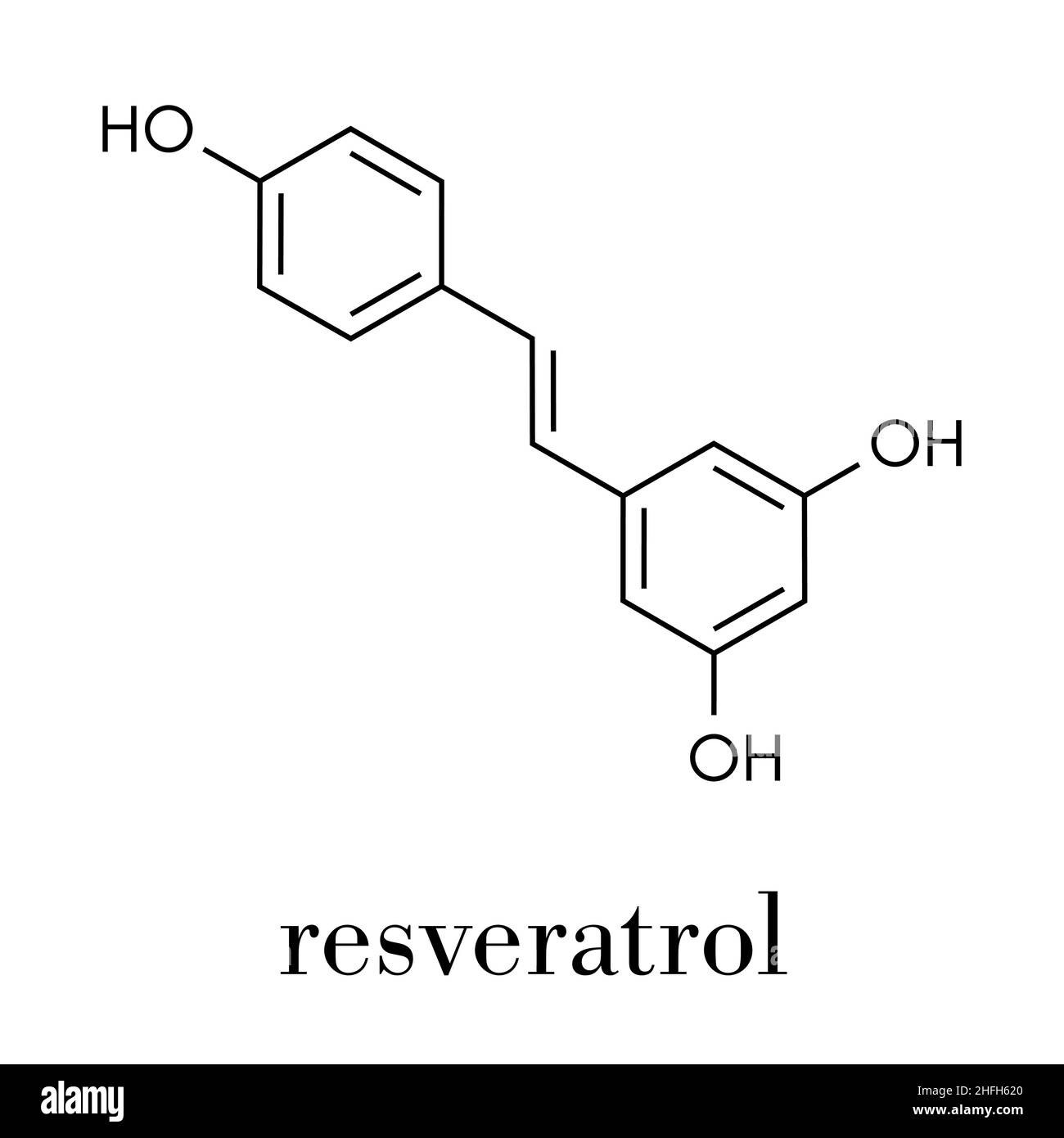 Molecola di resveratrolo. Presente in molte piante, tra cui uva e lamponi. Si ritiene che abbia un certo numero di effetti positivi sulla salute. Formula scheletrica Illustrazione Vettoriale