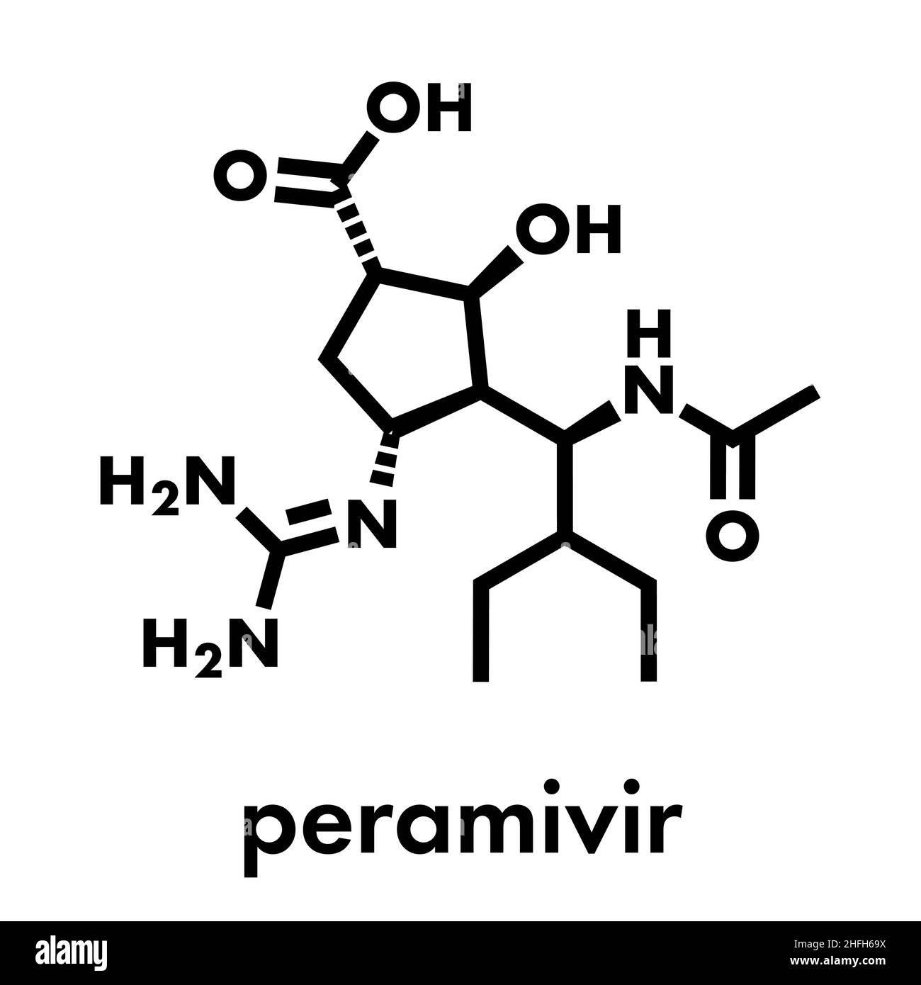 Molecola di farmaco influenzale di Peramivir (inibitore della neuraminidasi). Formula scheletrica. Illustrazione Vettoriale