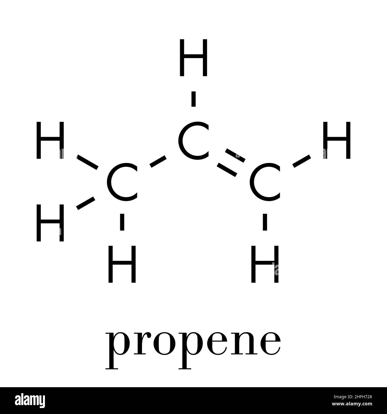 Molecola di propene (propilene). Materiale del blocco di costruzione in polipropilene (PP, poliprene). Formula scheletrica. Illustrazione Vettoriale