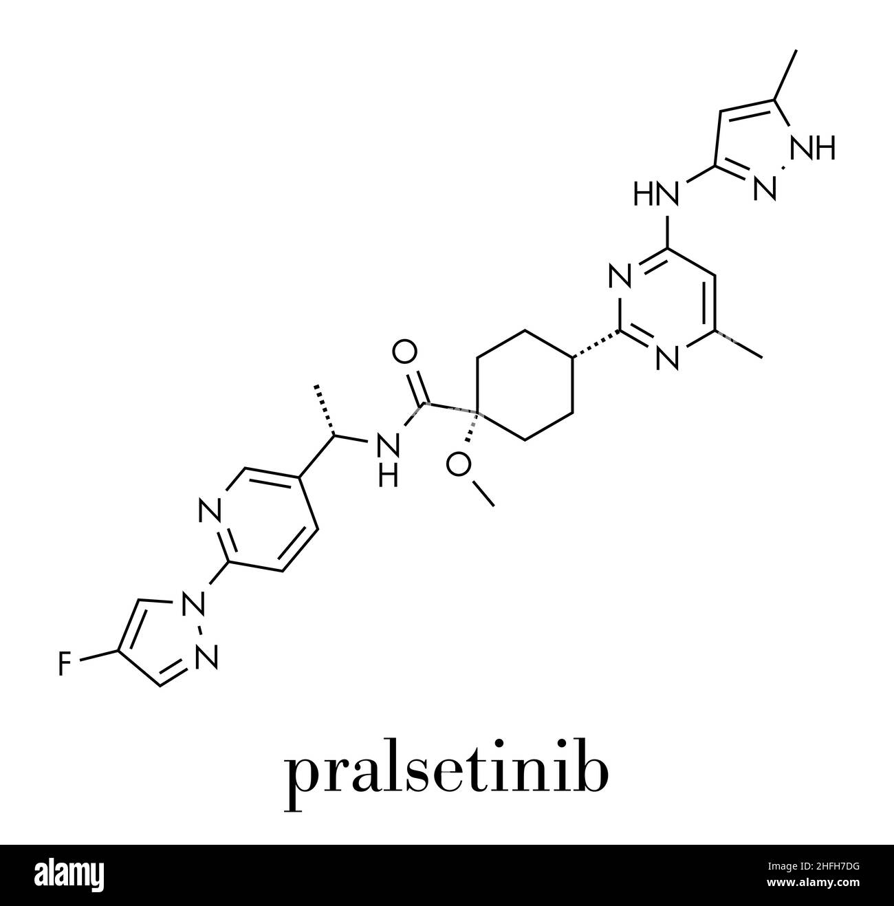 Molecola di farmaco per il cancro di Pralsetinib. Formula scheletrica. Illustrazione Vettoriale
