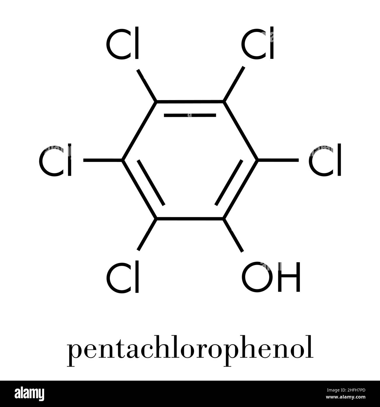 Pesticida e molecola disinfettante del pentaclorofenolo (PCP). Usato spesso per la conservazione di legno. Formula scheletrica. Illustrazione Vettoriale