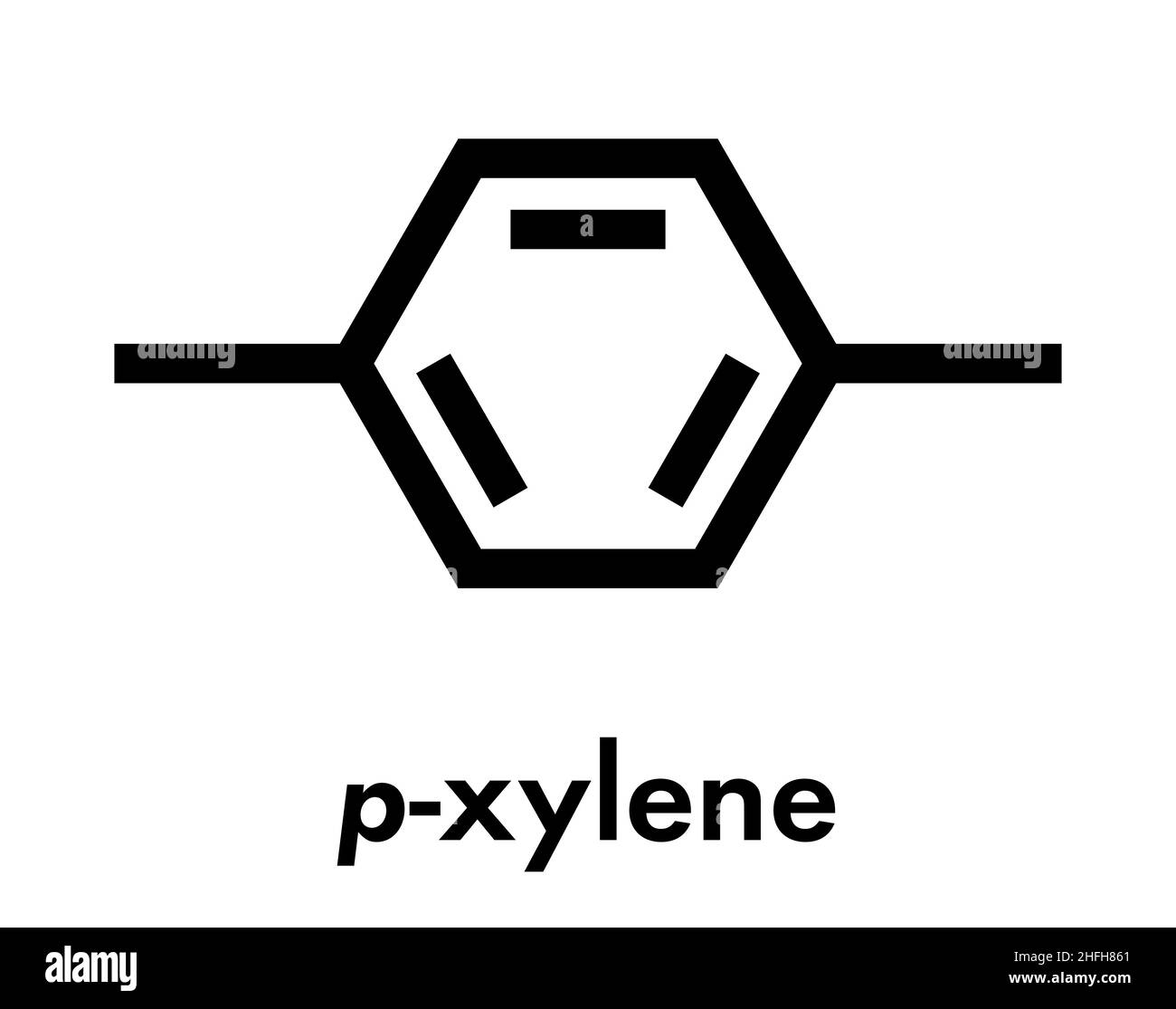 Il para-xilene (p-xilene) idrocarburo aromatico molecola. Formula di scheletro. Illustrazione Vettoriale
