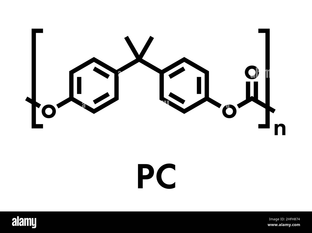 Policarbonato (PC) in plastica, struttura chimica. Realizzato da fosgene e bisfenolo A. formula scheletrico. Illustrazione Vettoriale