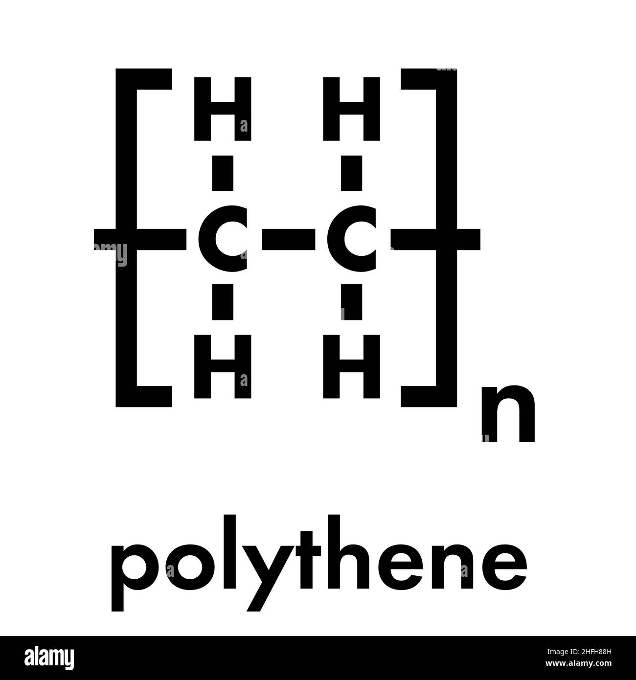 Polietilene (PE, politene, polietilene) plastica, struttura chimica. Formula di scheletro. Illustrazione Vettoriale