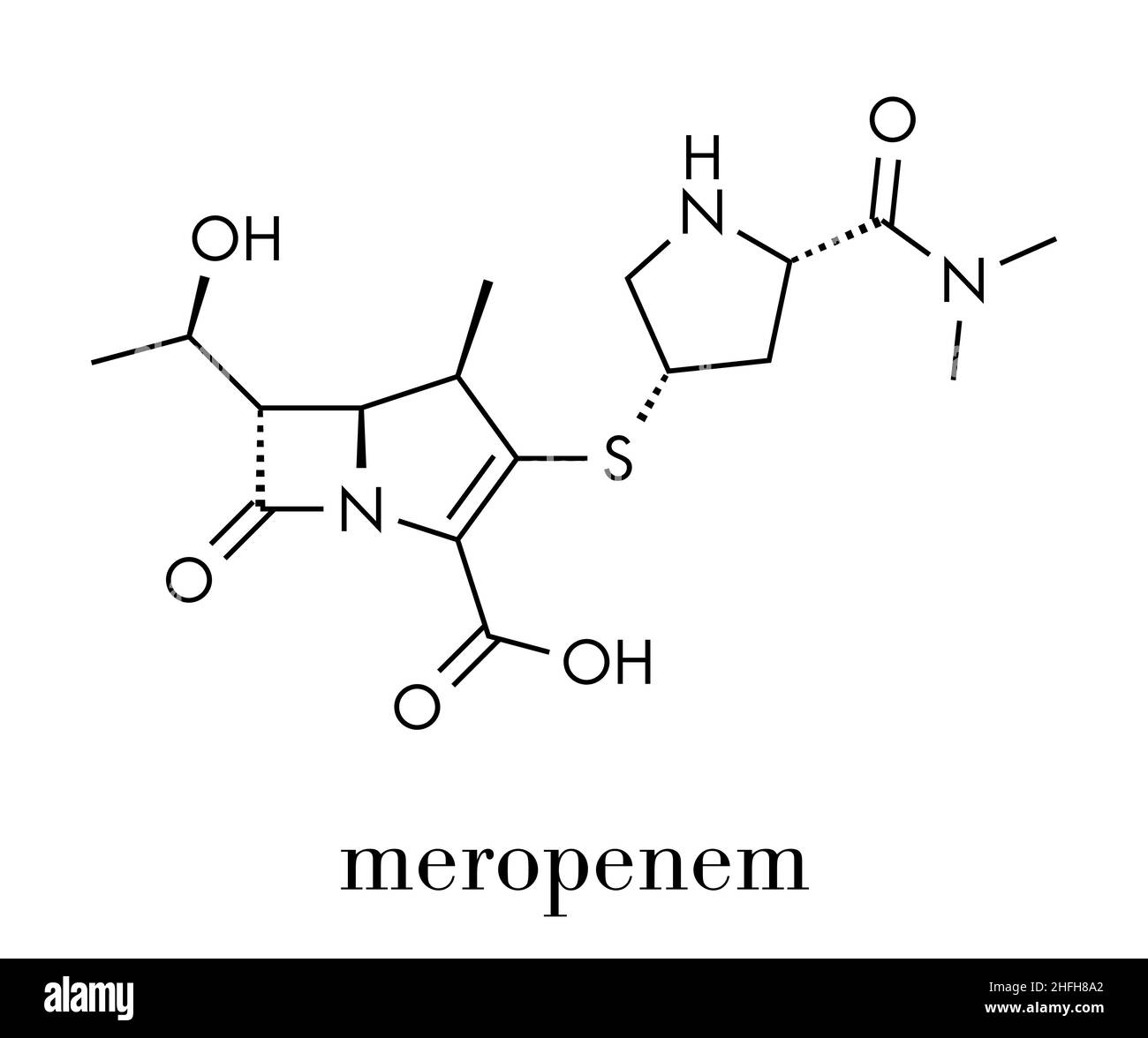 Molecola di farmaco antibiotico ad ampio spettro Meropenem (classe carbapenem). Formula scheletrica. Illustrazione Vettoriale