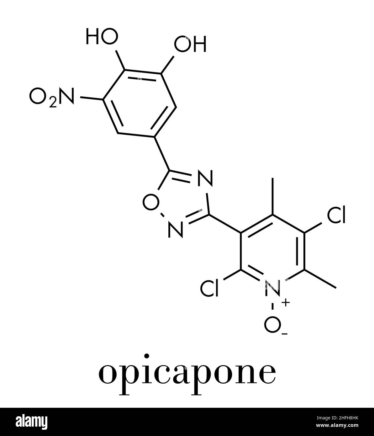 Molecola di farmaco della malattia di Parkinson di Opicapone. Formula scheletrica. Illustrazione Vettoriale