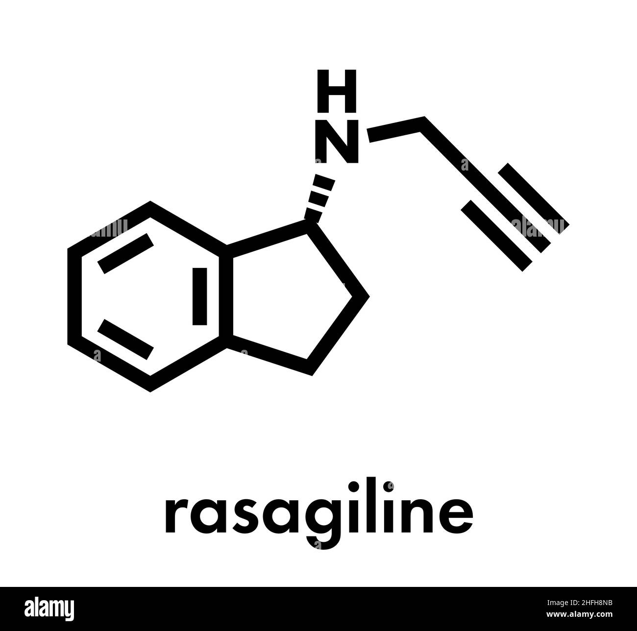 Rasagilina malattia di Parkinson molecola di farmaco. Formula scheletrica. Illustrazione Vettoriale
