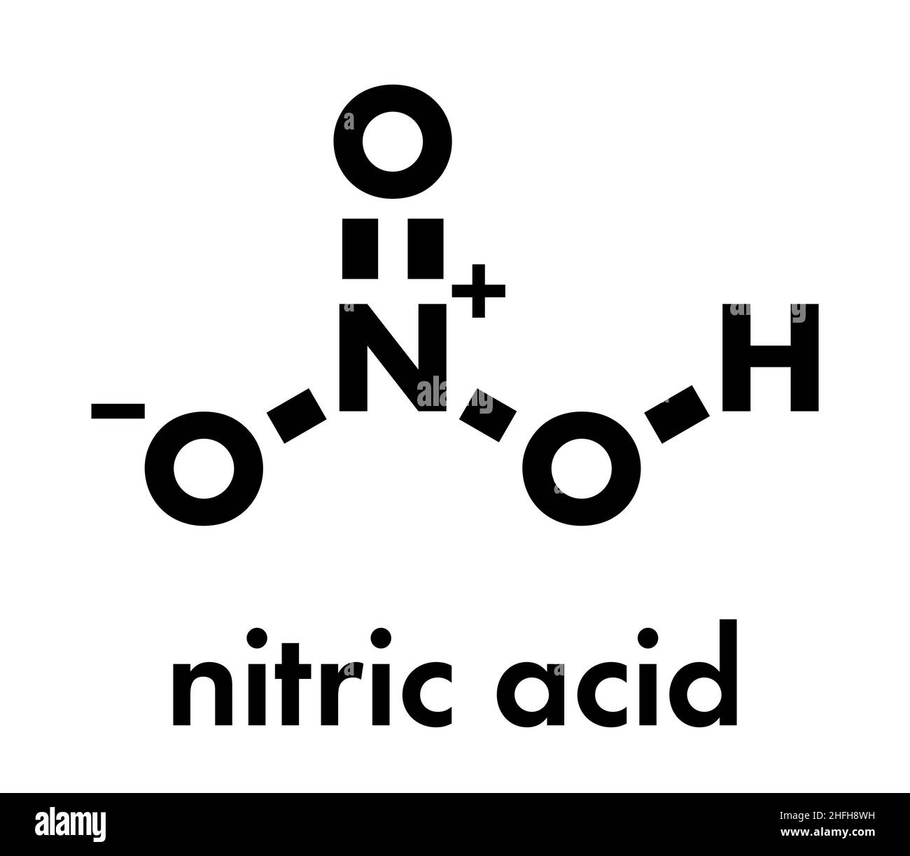 Acido nitrico (HNO3) molecola di acido minerale forte. Utilizzato nella produzione di fertilizzanti ed esplosivi. Formula scheletrica. Illustrazione Vettoriale