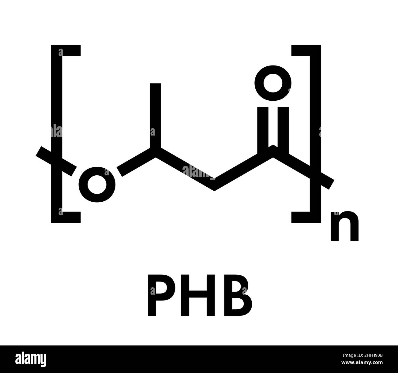 Poliidrossibutirrato (PHB) plastica biodegradabile, struttura chimica. Polimero che è sia bio-derivato e compostabile. Formula di scheletro. Illustrazione Vettoriale