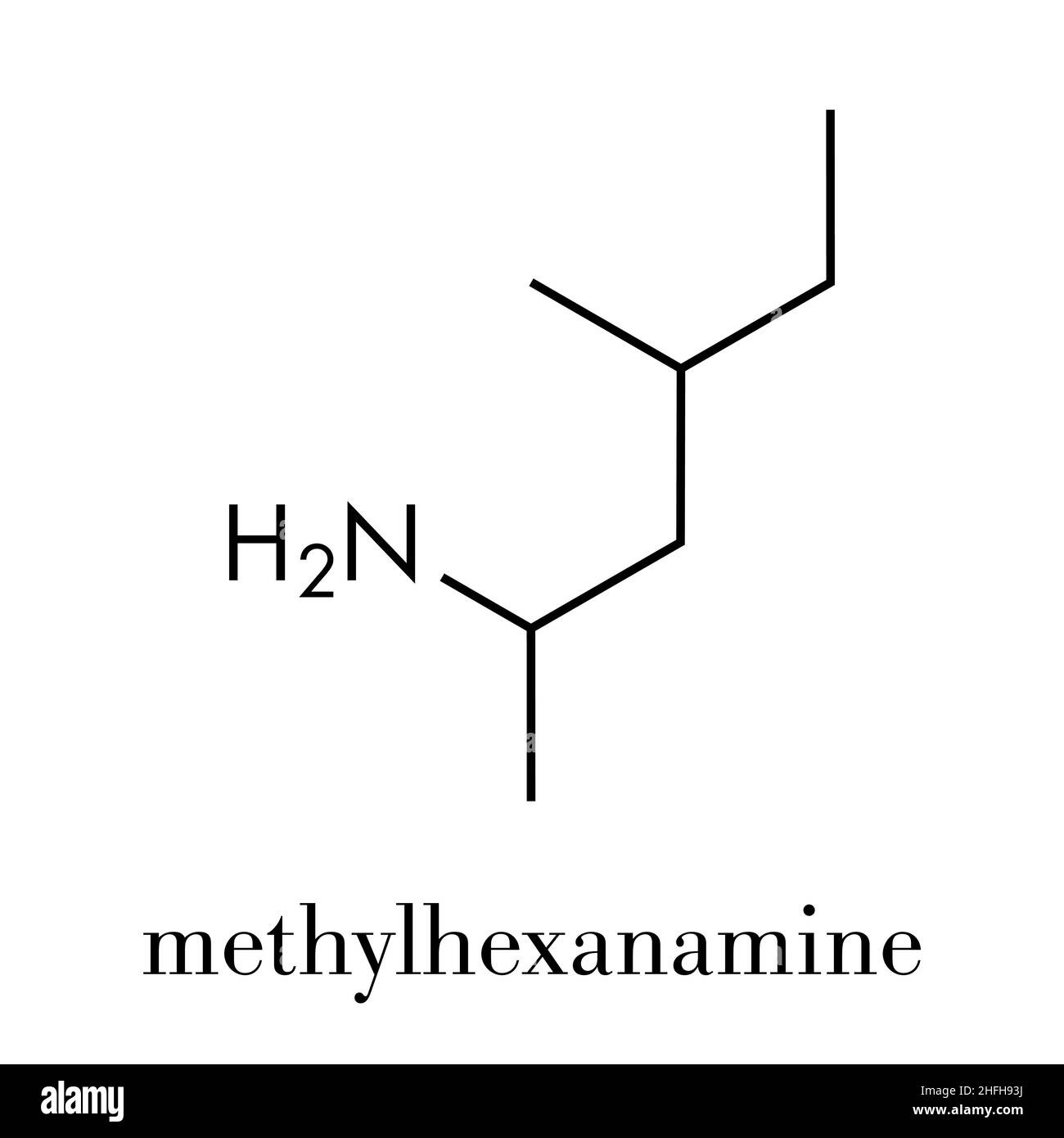 Farmaco stimolante la metilesanamina (1,3-dimetilamilamina, DMAA), struttura chimica. Formula scheletrica. Illustrazione Vettoriale