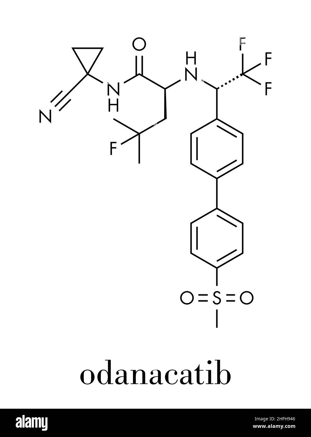 Odanacatib osteoporosi e metastasi ossee molecola di farmaco. Inibitore della catepsina K. formula scheletrico. Illustrazione Vettoriale