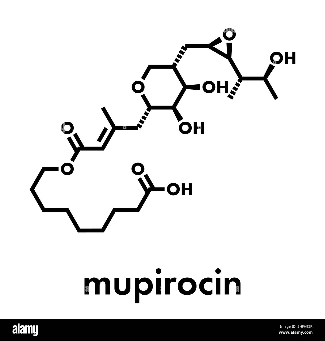 Mupirocina (Acido pseudomonico) farmaci antibiotici molecola. Usati topicamente contro batteri gram-positivi. Formula di scheletro. Illustrazione Vettoriale