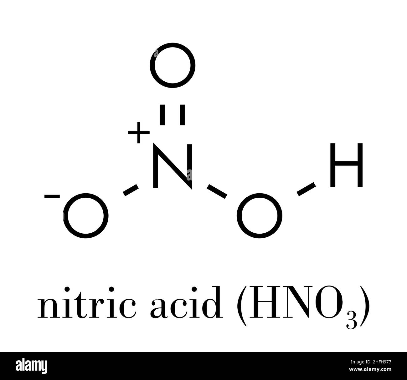 Acido nitrico (HNO3) molecola di acido minerale forte. Utilizzato nella produzione di fertilizzanti ed esplosivi. Formula scheletrica. Illustrazione Vettoriale