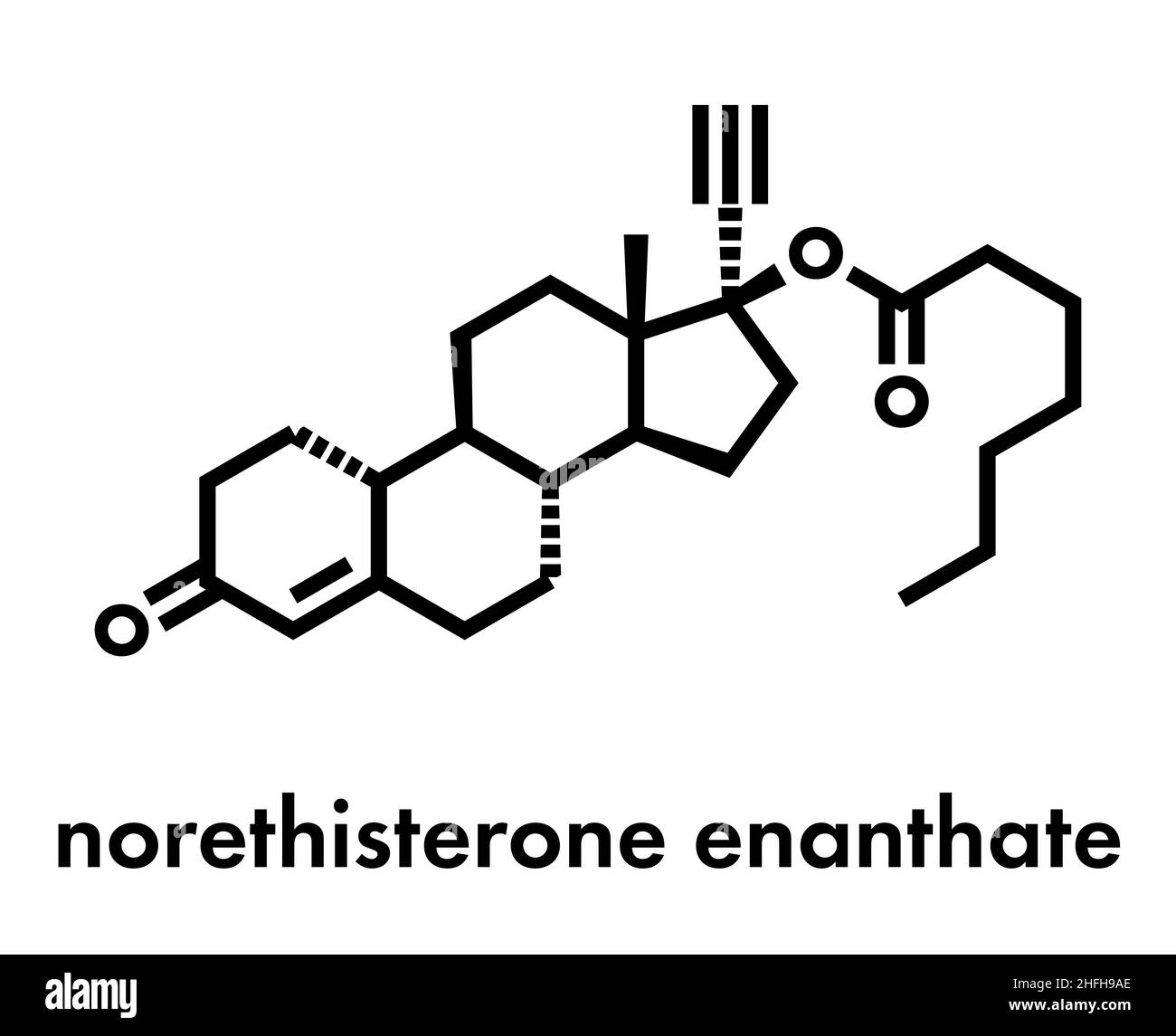 Noretisterone enantato (noretindrone aenanthate) contraccettivi iniettabili molecola di farmaco. Formula di scheletro. Illustrazione Vettoriale